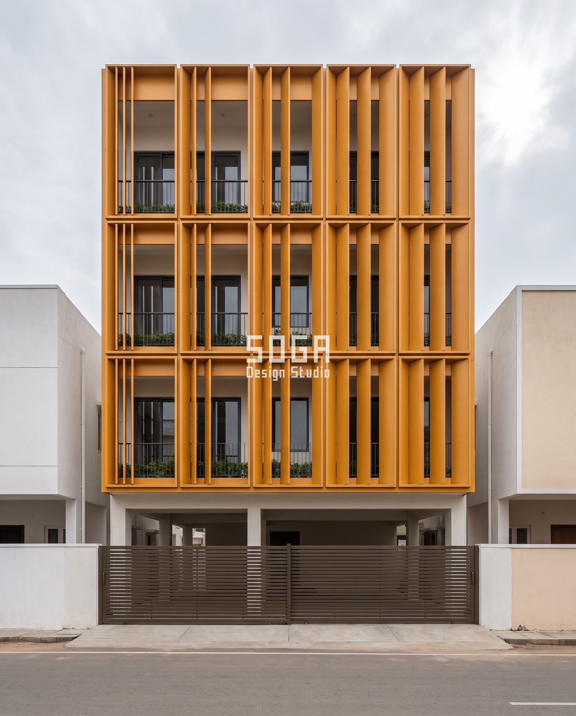 Uneven Windows House Elevation India: Choose The Angle 5 Khammam house elevation design with uneven window openings made by set-back: marigold powder-coated frames whose splayed collar cheek widens 22 mm to 164 mm across five zones.