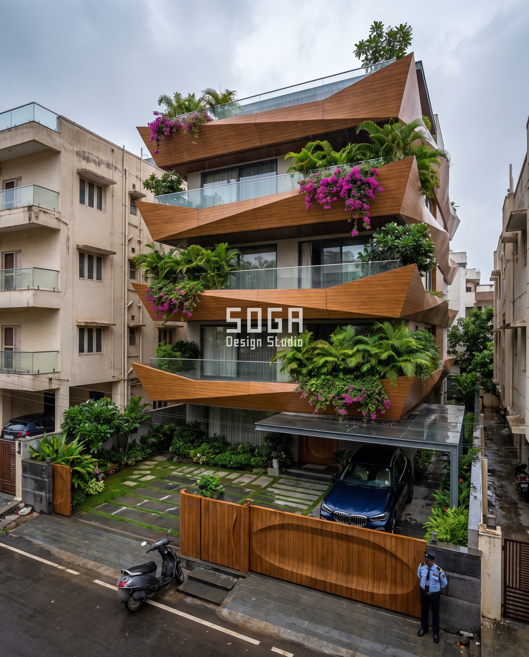 Unique House Elevation Design: Keep the Slat, Move the Line 2 Jubilee Hills villa with a unique front elevation: teak wood-grain finish planter trays wrap each floor, their folded fronts turning upward toward the outer tips and spilling bougainvillea, seen from above behind a carved teak-finish gate.