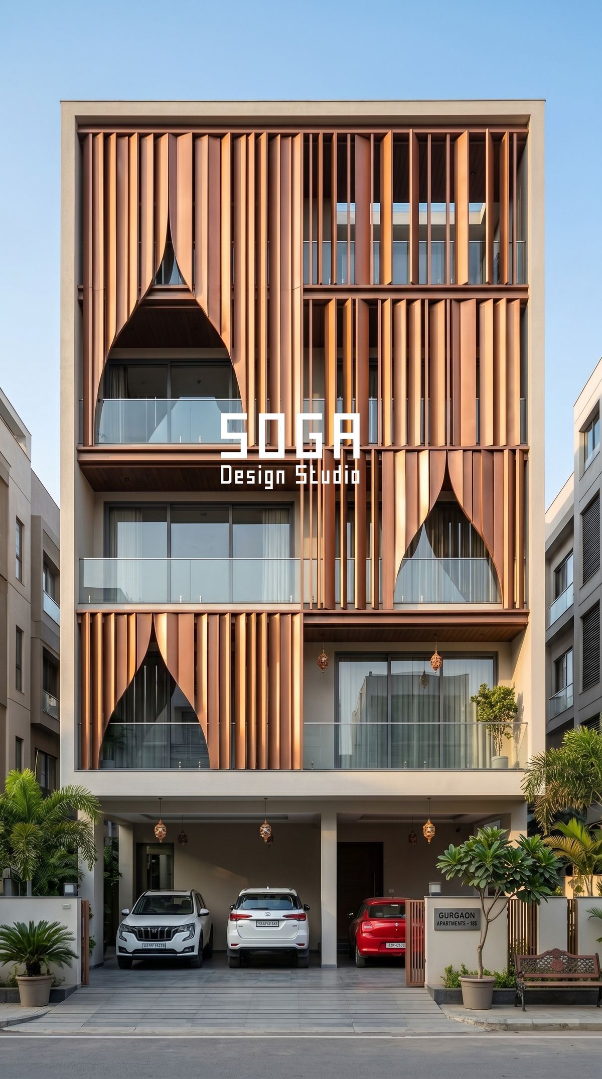 Vastu And A Parametric Elevation: How Both Work Together 1 A timber fin facade with pointed arch openings on an Indian house, a screened elevation that keeps a Vastu-guided plan open without admitting harsh sun