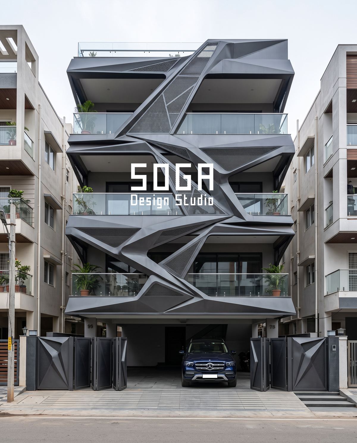 A faceted dark metal facade on a narrow-plot Indian house, the kind of geometry whose buildability should be evidenced before appointment
