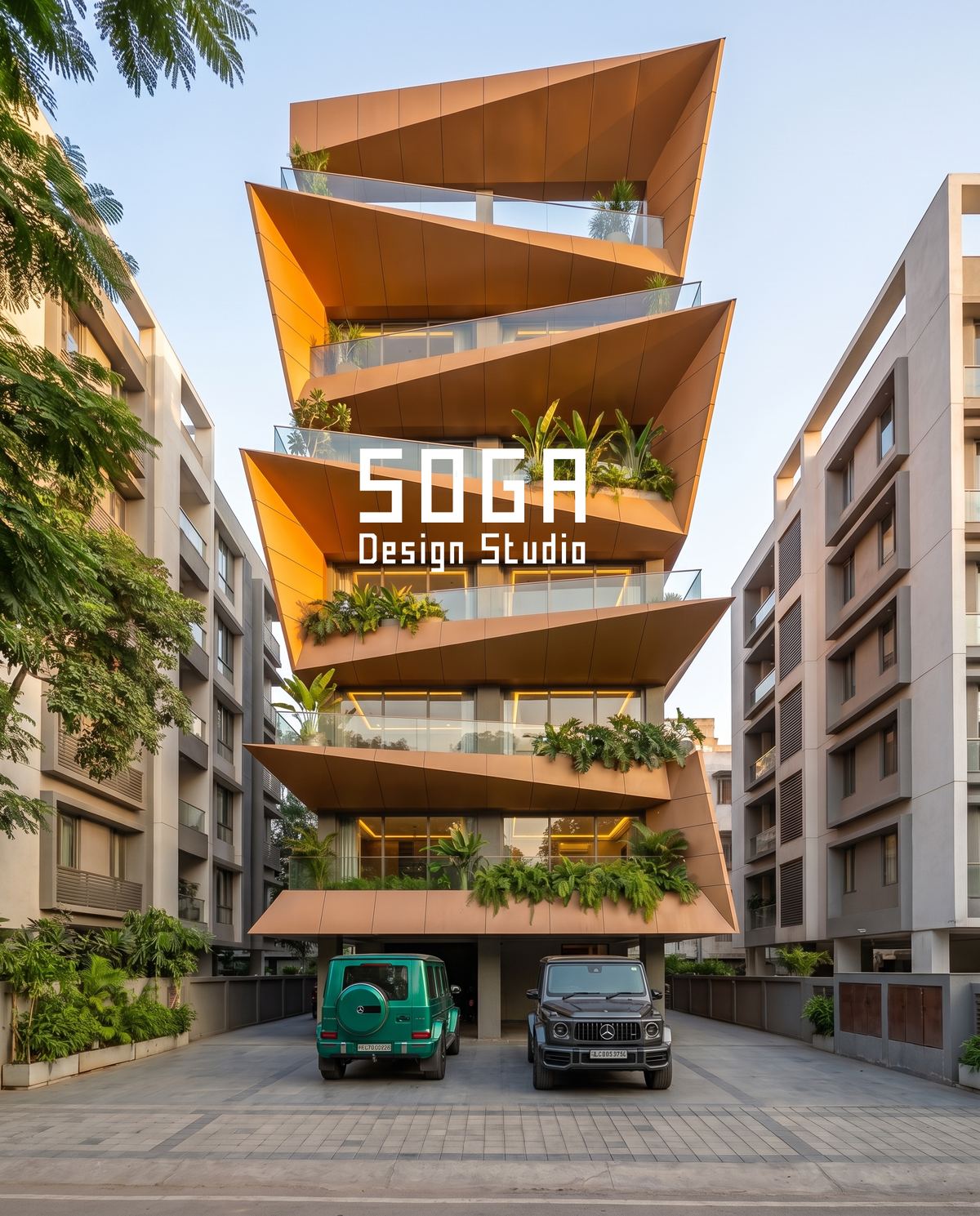 Orange folded plates cantilevering across a G+4 elevation, a design that only stands up if the substructure was engineered