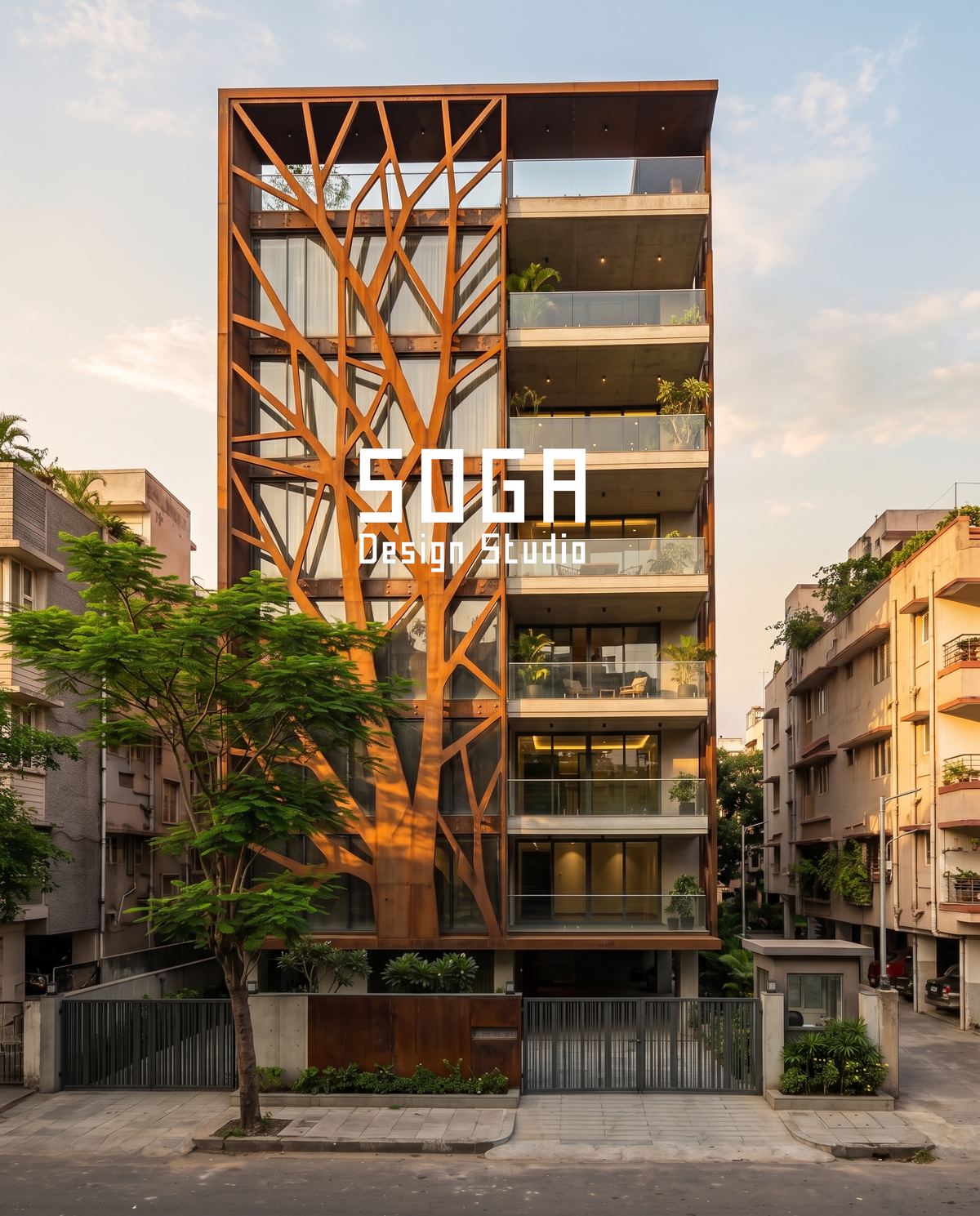 What Makes A Facade Iconic In India? Five Qualities 2 A branching lattice frame across a full-height Indian facade, where the structure holding the skin up is also the thing you notice