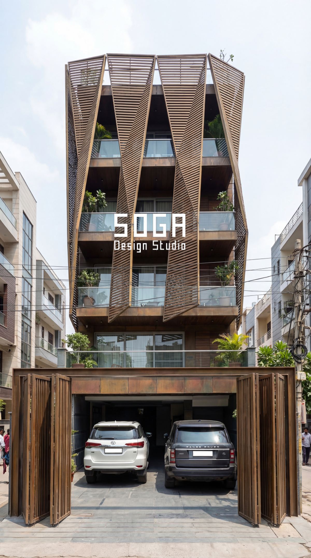 A faceted timber lantern facade on a G+4 house, a portfolio image worth asking hard buildability questions about