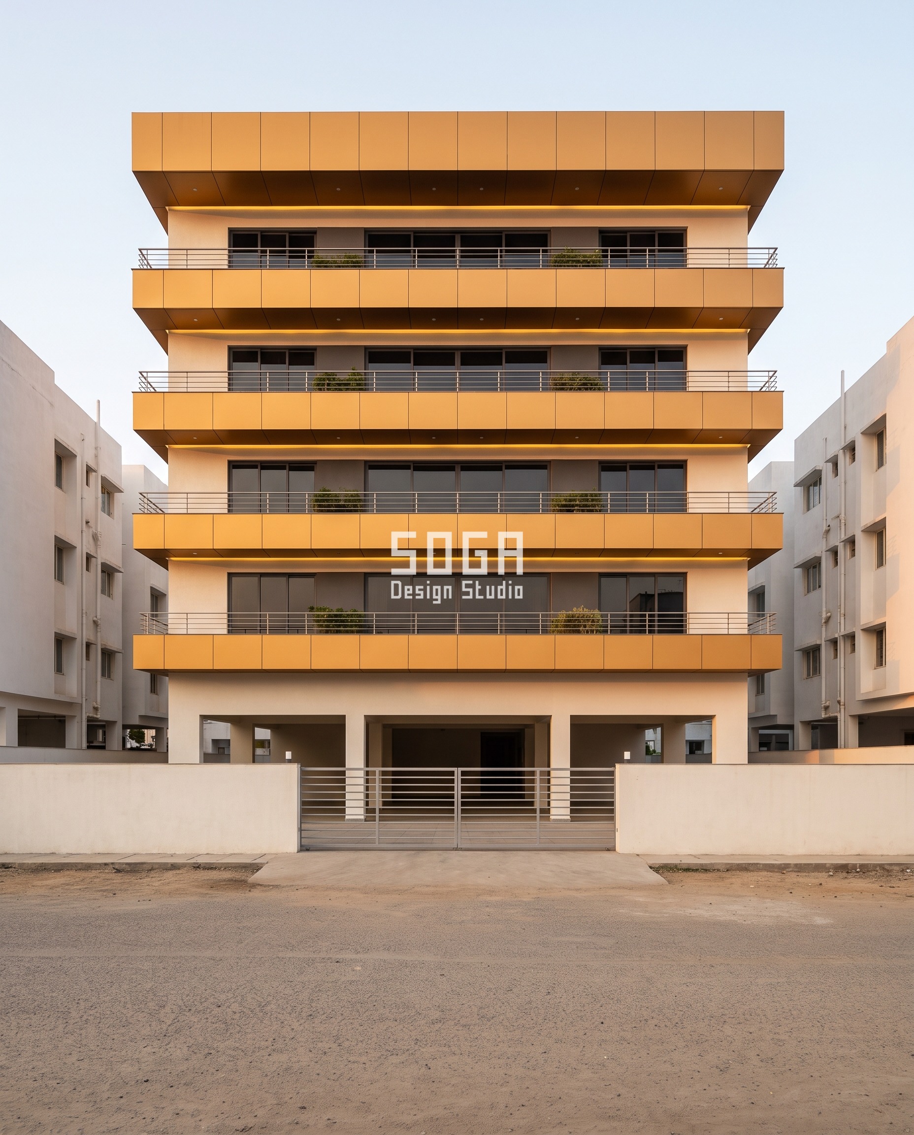 Elevation Design to Reduce Wall Heat: India, Hour by Hour 3 Amber anodised aluminium sun ledges on a Hazaribagh residence, every band reaching further over the glass as the building rises - flush at the lowest floor and 880 mm deep at the parapet - an elevation design to reduce wall heat floor by floor.
