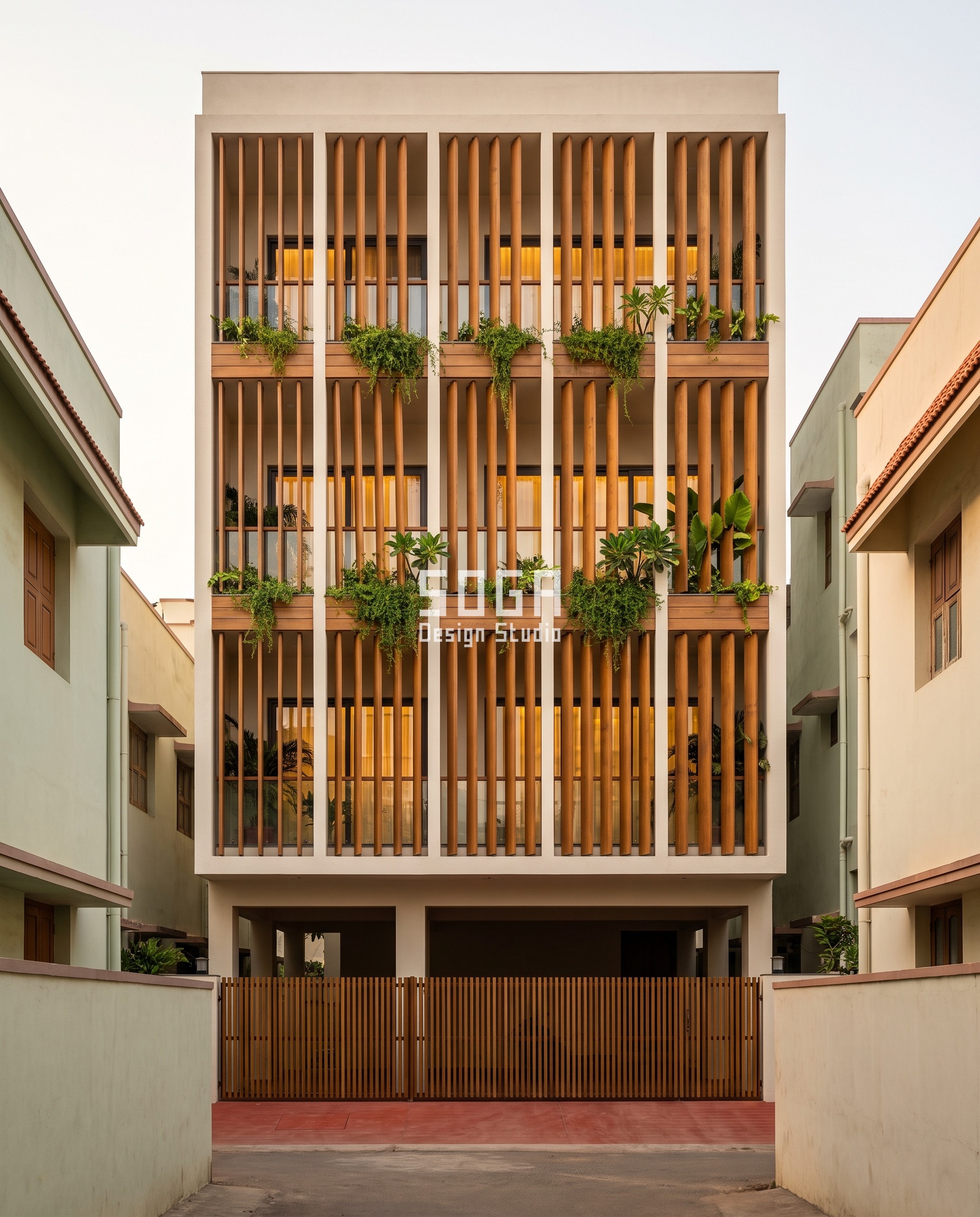 Elevation Design to Reduce Wall Heat: India, Hour by Hour 4 Thermally modified ash blades turning on their own vertical axis from edge-on to nearly face-on across a Bhimavaram residence - an elevation design to reduce wall heat that closes against the sun bay by bay while the rooms behind keep their view.