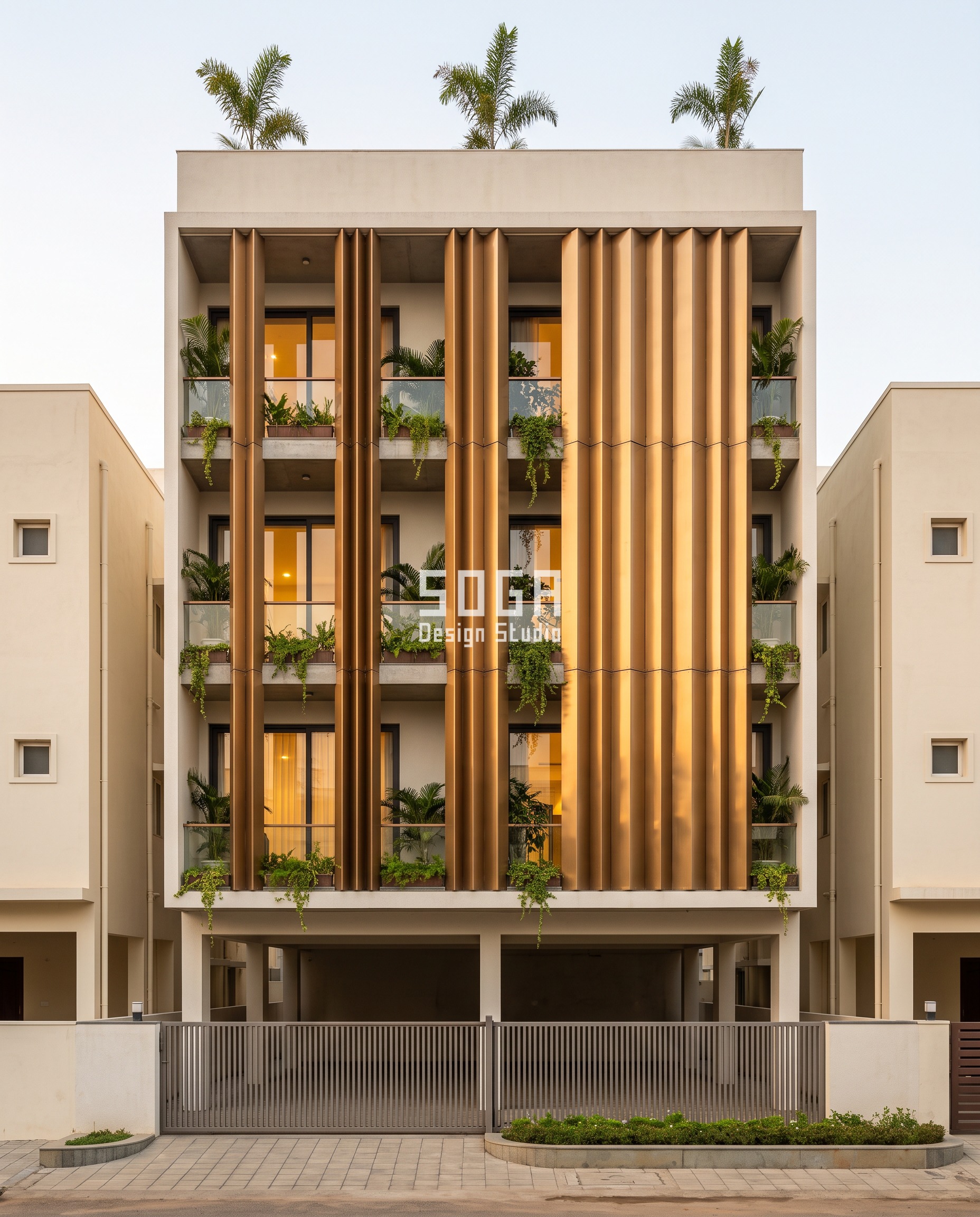 Elevation Design to Reduce Wall Heat: India, Hour by Hour 1 Bronze accordion pleat elevation design to reduce wall heat on a G+3 residence in Dindigul, the pleat depth stepping from 90 mm to 480 mm across five bays so the shadow inside each fold widens from left to right.