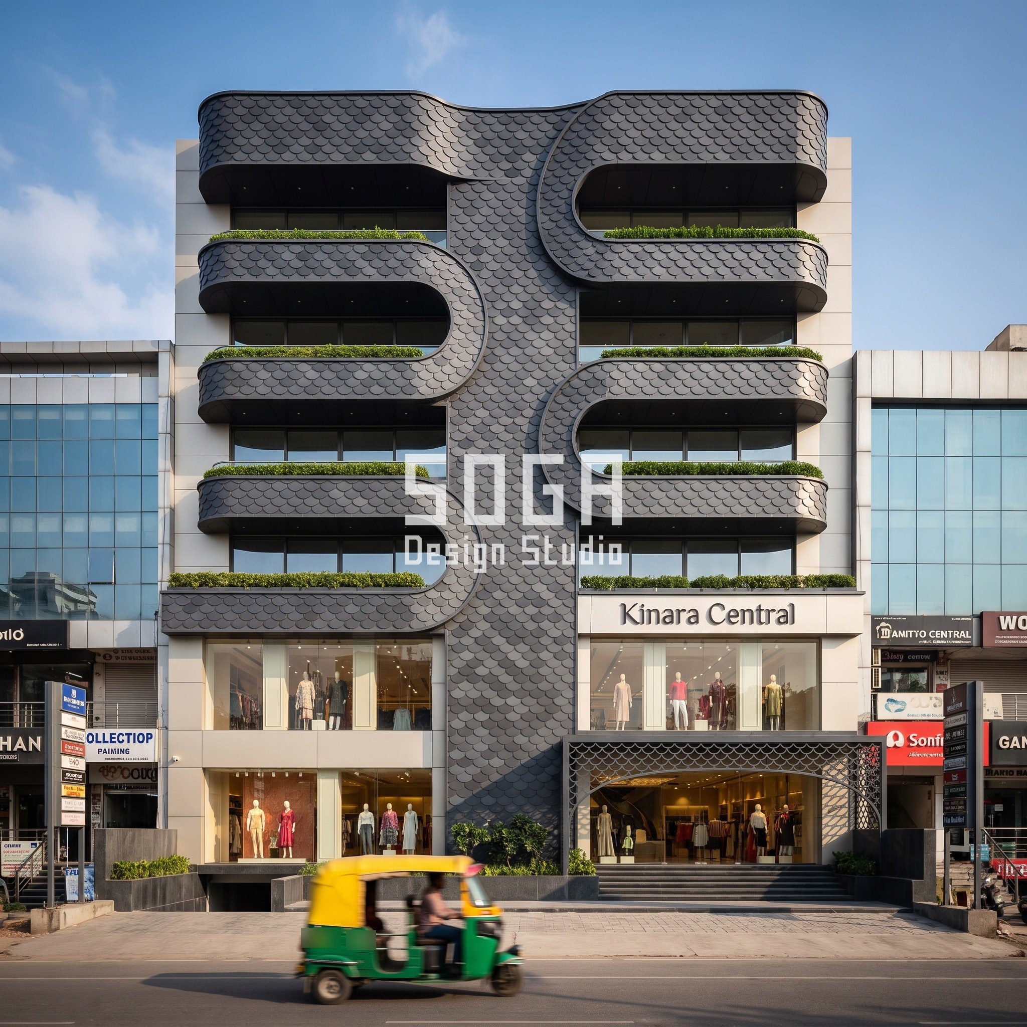 Watch Showroom Facade Design India: 5 Precise Frontages 3 Kinara Central concept in Gurugram: charcoal-anthracite scale band, 325 mm wide, snaking up the centre of a G+5 mixed-use block and wrapping each floor into C-shaped balcony pockets