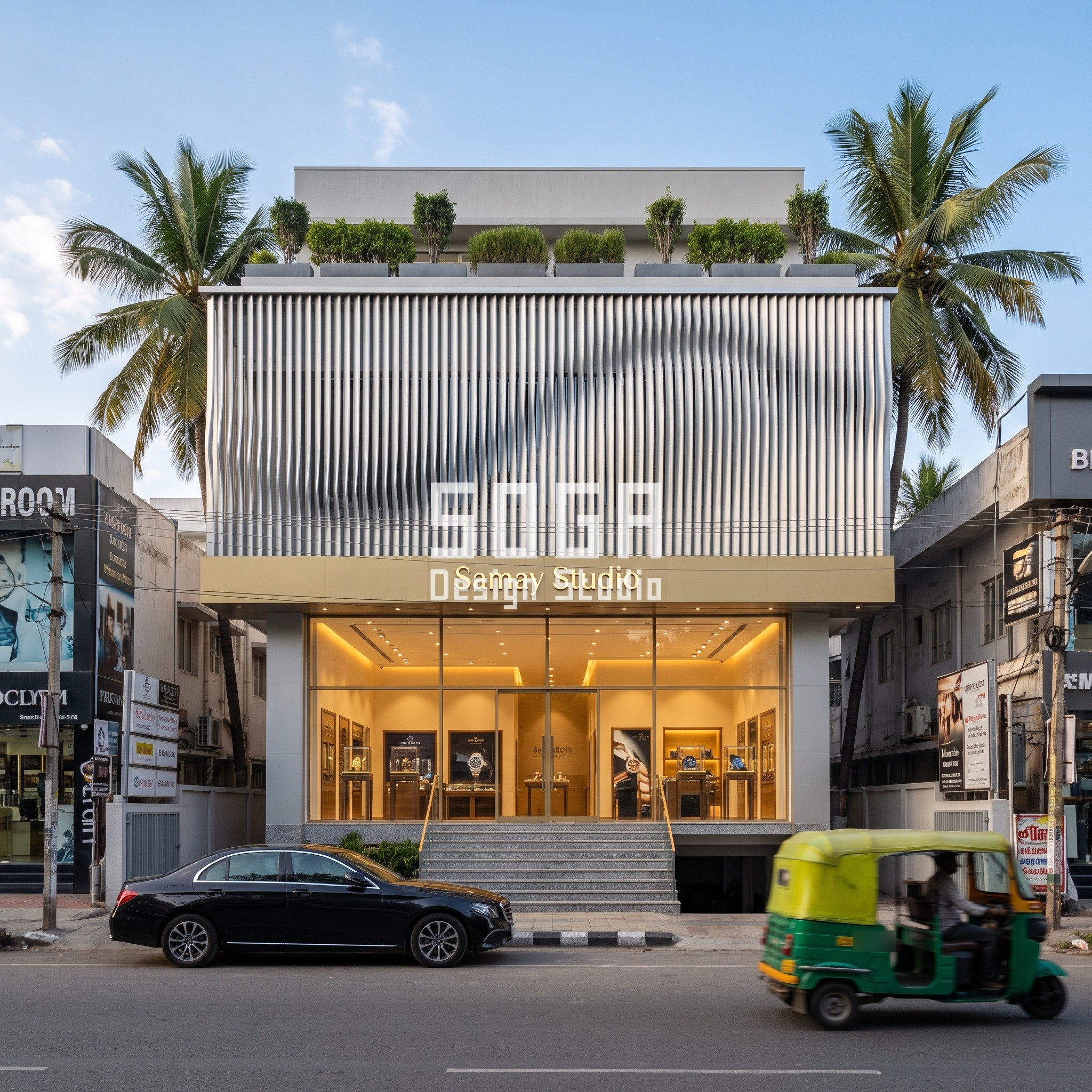 Watch Showroom Facade Design India: 5 Precise Frontages 5 Samay Studio concept in Bengaluru Indiranagar: silver 40 x 225 mm fins at 150 mm centres following a 700 mm amplitude sine wave across the glazing of a G+2 watch flagship