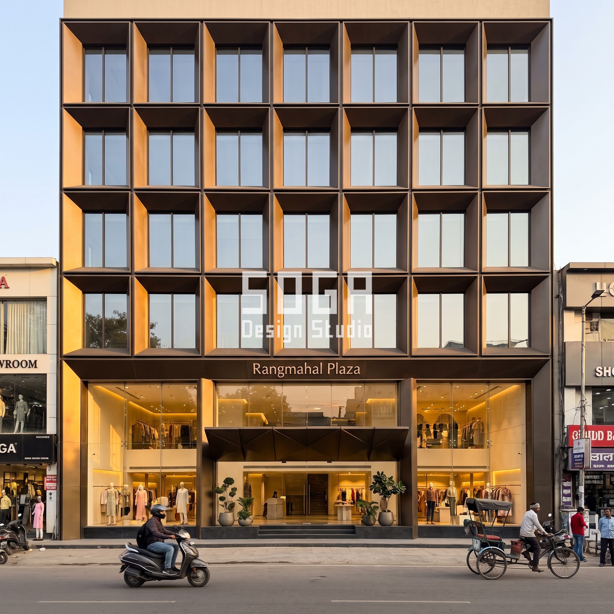 Watch Showroom Facade Design India: 5 Precise Frontages 4 Rangmahal Plaza concept in South Delhi: seven bays of dark bronze folded-plate frames, 600 mm deep tapering to a slim mullion, over a glazed watch retailer at ground
