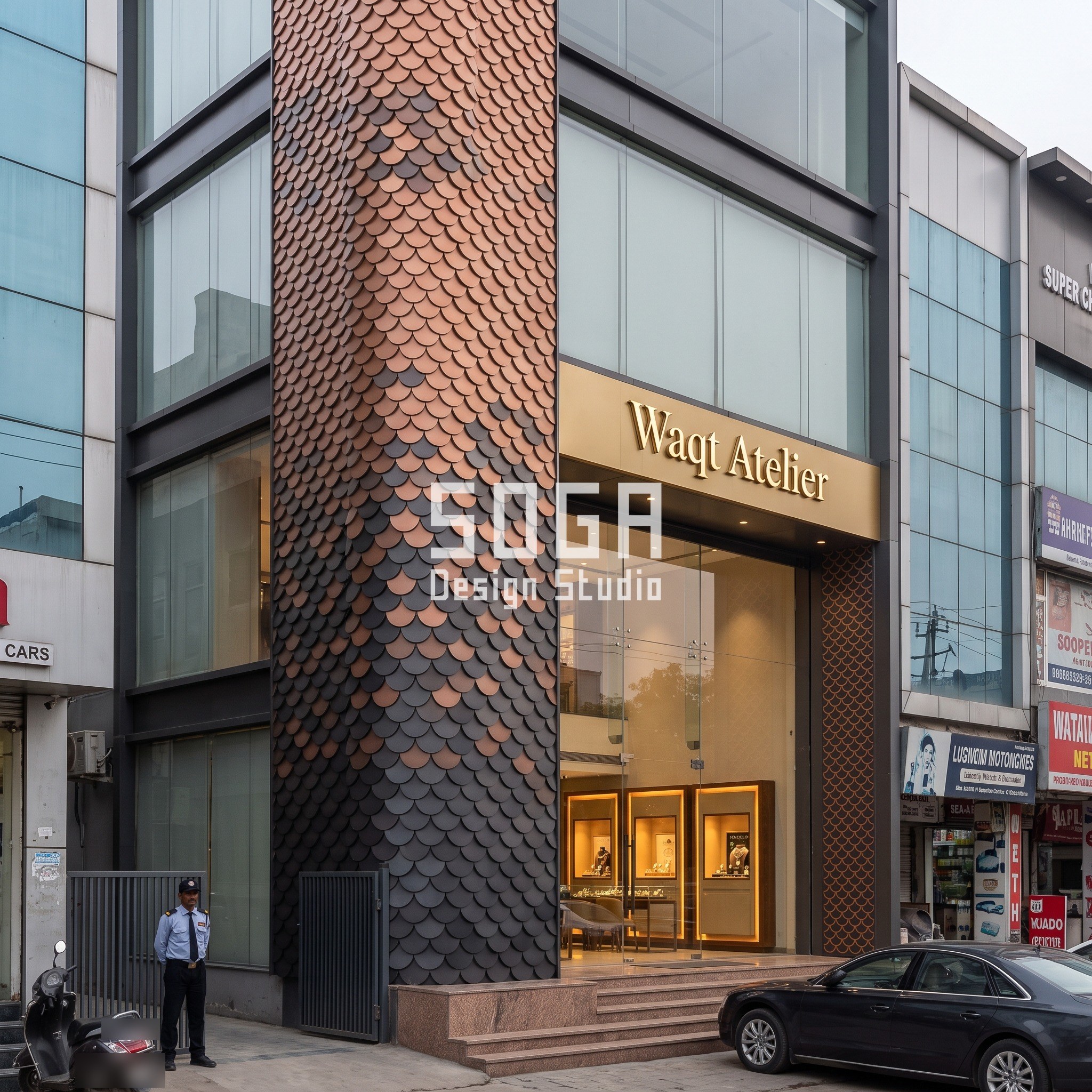 Watch Showroom Facade Design India: 5 Precise Frontages 2 Waqt Atelier concept in Ludhiana: full-height column of two-tone charcoal and copper scales, 250 mm wide, dark at the base fading to bright at the top beside a double-height watch showroom