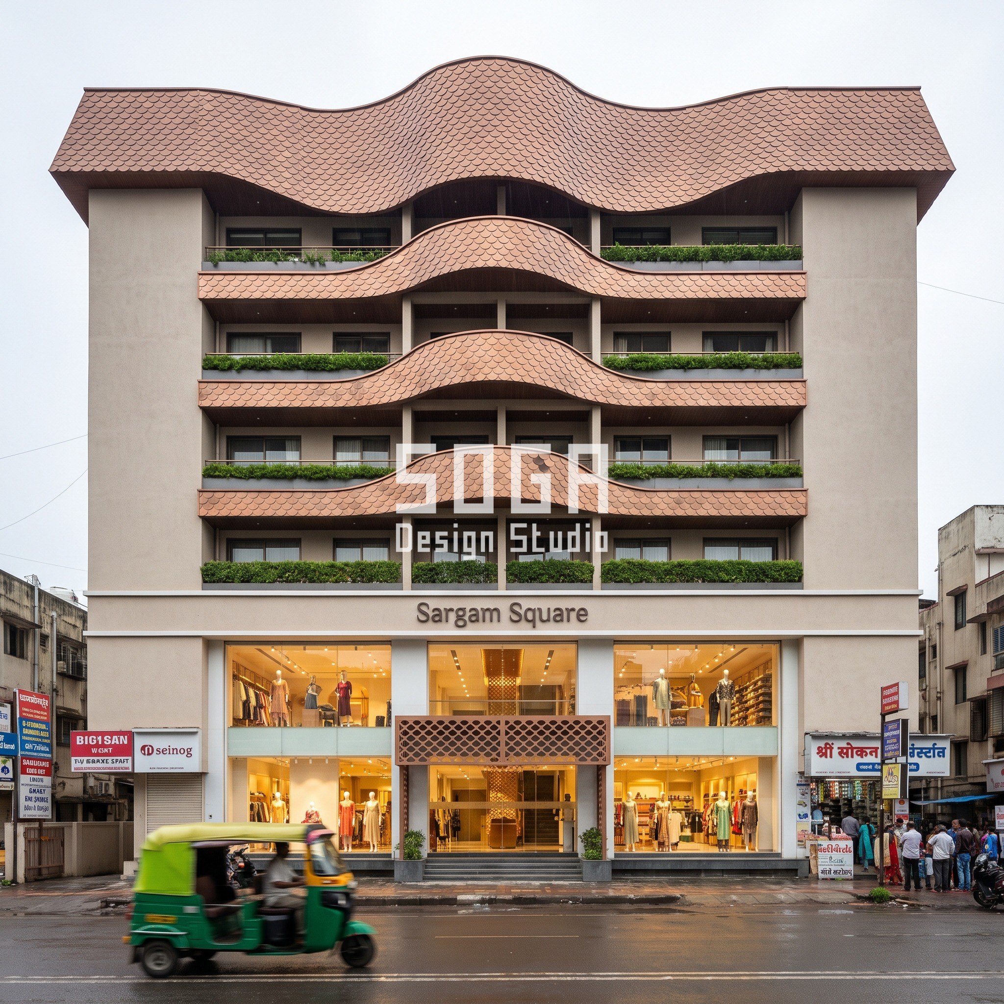 Watch Showroom Facade Design India: 5 Precise Frontages 1 Sargam Square concept in Pune: copper-bronze anodised scales, 325 mm wide, on a G+5 mixed-use block, roof canopy crest 900 mm above the parapet cascading down the balcony fascias