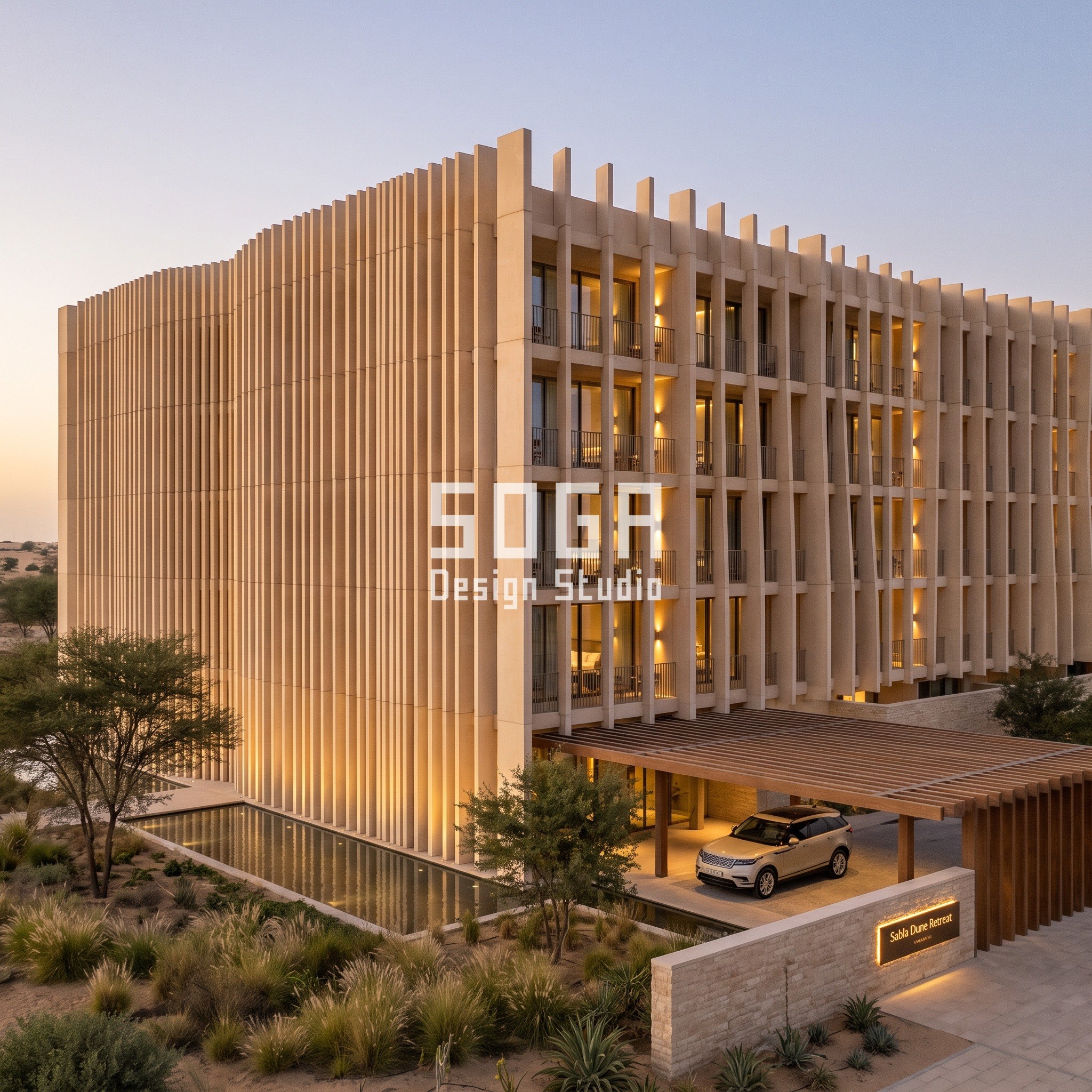 Sabla Dune Retreat, a boutique resort in Dubai with a barjeel-derived banded precast concrete fin screen narrowing toward the sun
