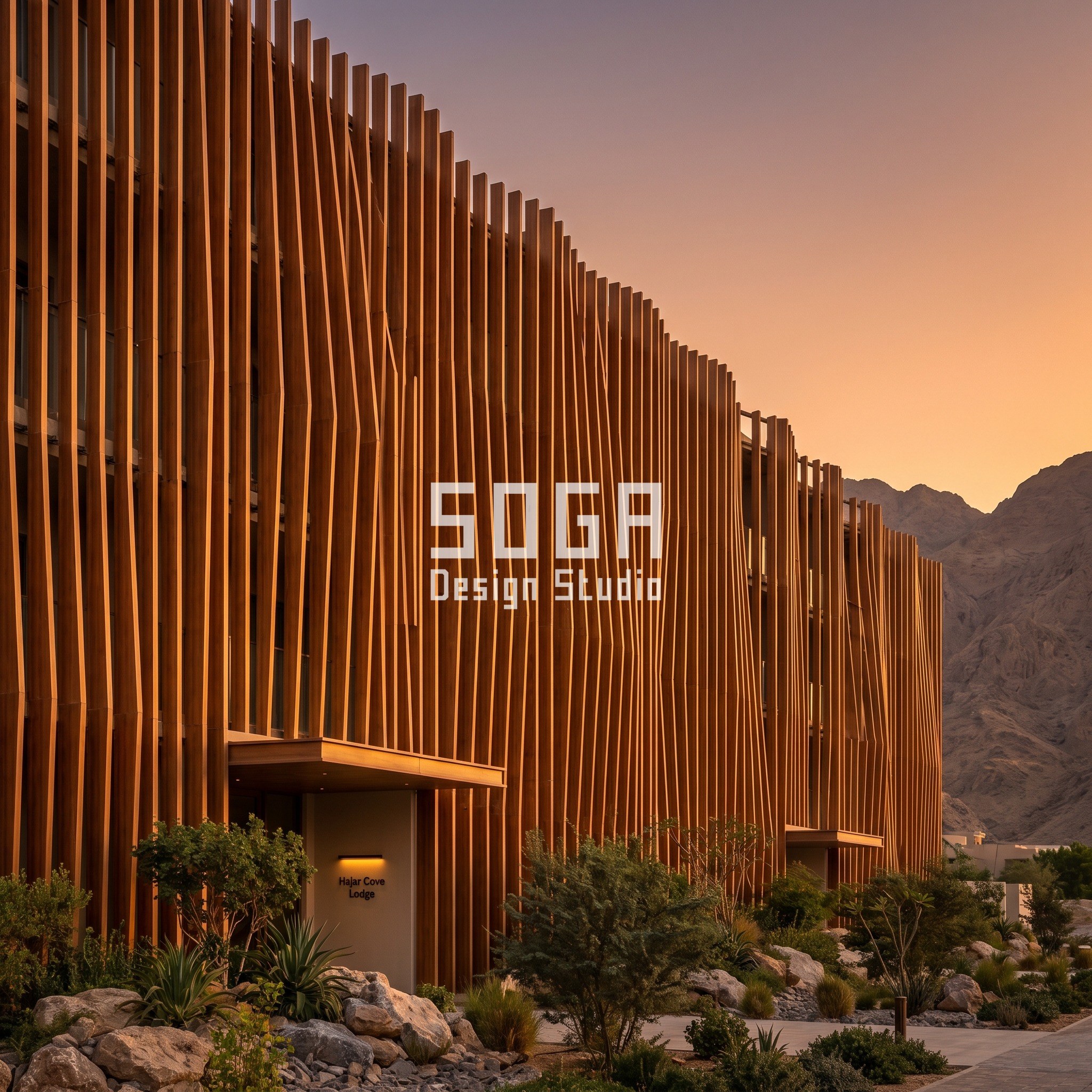 Boutique Resort Wind Tower Facade Design: 5 UAE Concepts 2 Hajar Cove Lodge, a boutique resort in Ras Al Khaimah with a folded zigzag timber-look aluminium wind-tower facade against the Hajar mountains