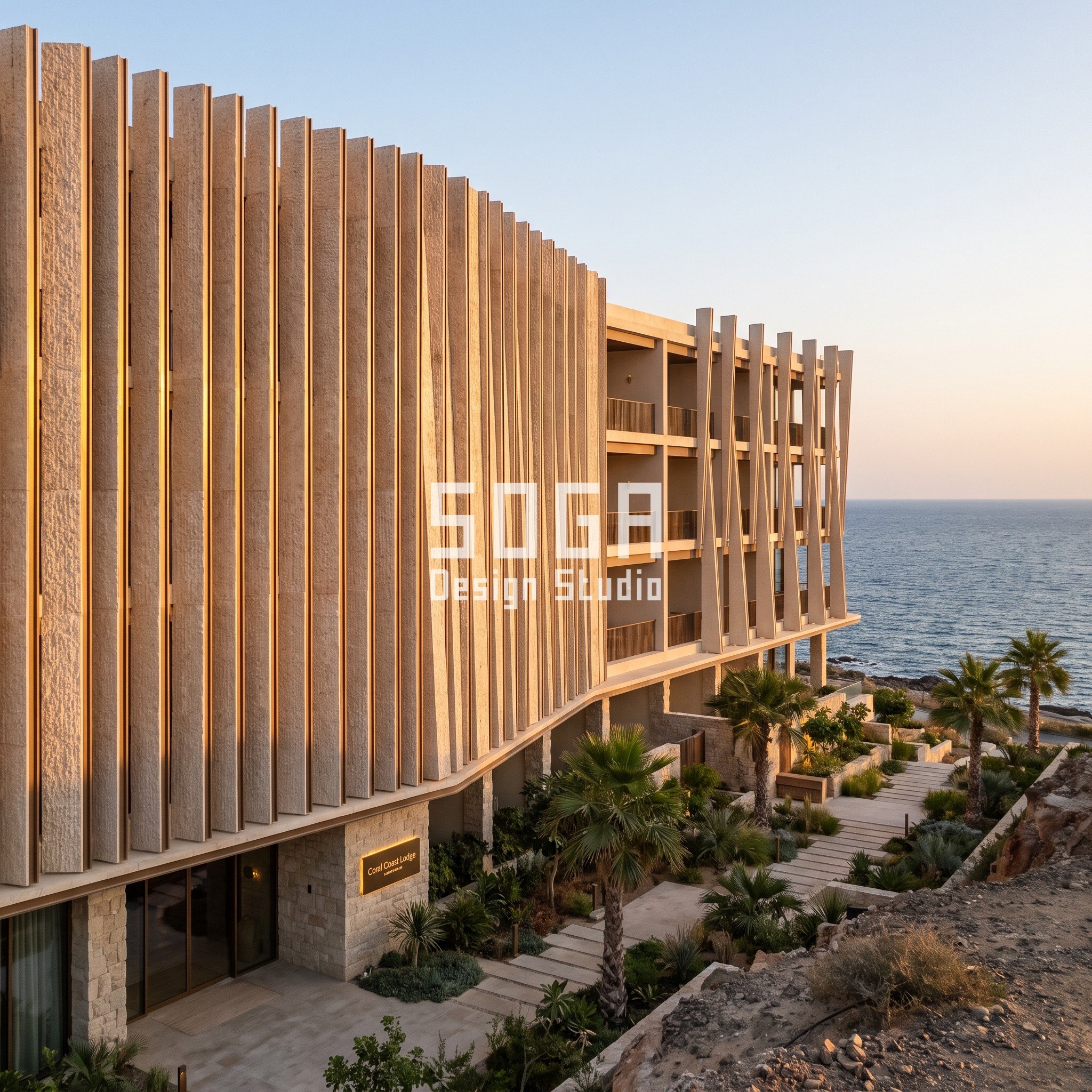 Boutique Resort Wind Tower Facade Design: 5 UAE Concepts 4 Coral Coast Lodge, a boutique resort in Fujairah with a twisting coral-stone wind-tower fin screen above the Gulf of Oman coastline