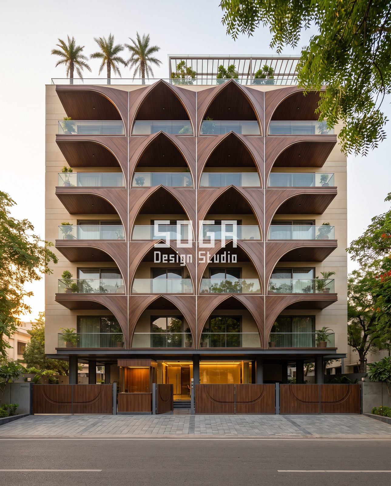 Arches, Ribbons, S-Curves, Notches and Blades: 5 Balcony Cutout Facade Ideas for Indian Homes 1 Five-floor India facade with stacked walnut-tone pointed arch balcony recesses, glass balustrades and a roof terrace pergola