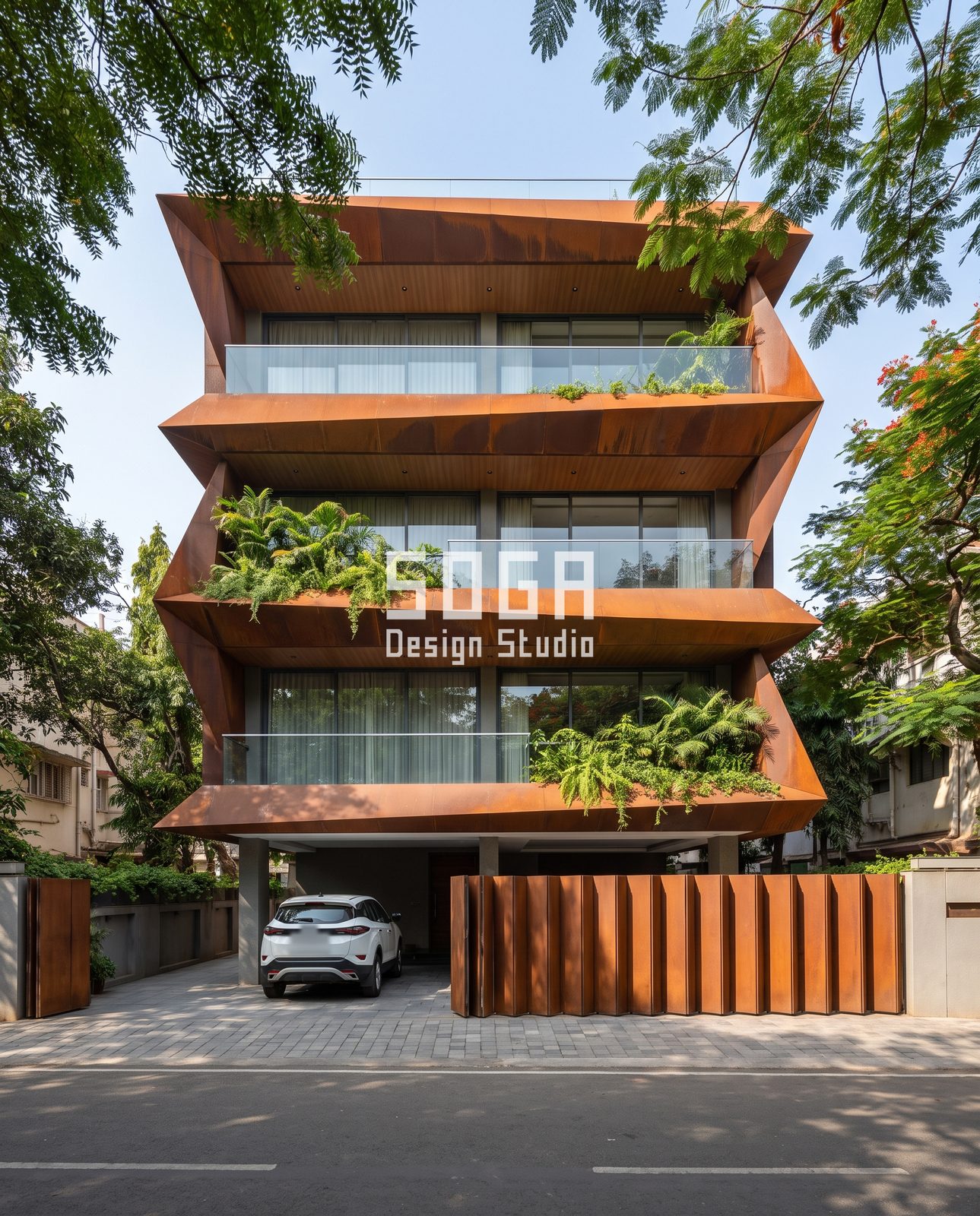 Slats, Folds, Loops, Arches and Ribbons: 5 Copper-Tone Balcony Facade Ideas for India 2 Folded rust-tone balcony hoods with alternating projection and planters, G+3 house facade India