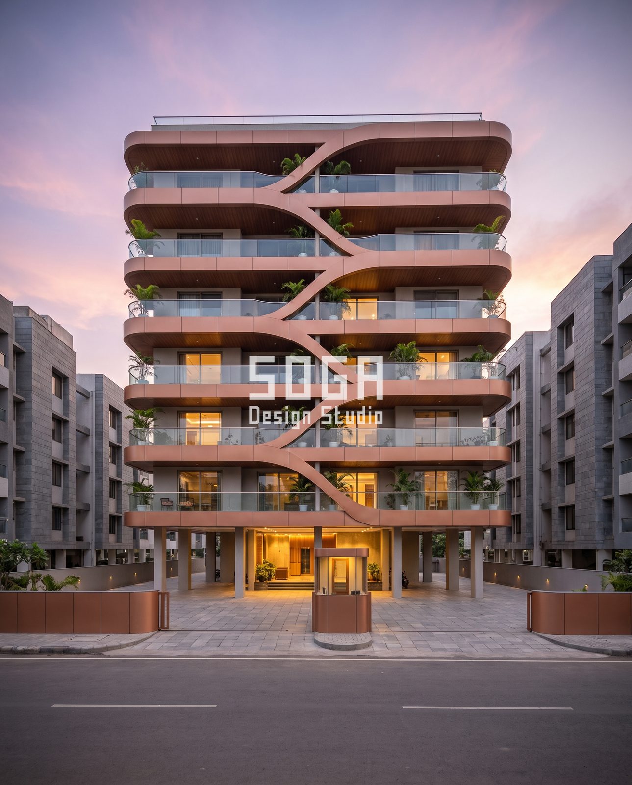 Spine, Capsule, Lancet, Ribbon and Frame: 5 Cantilever Balcony Facade Ideas for India 4 Seven-floor copper-tone curved balcony slabs joined by an S-shaped ribbon at dusk, apartment facade, India