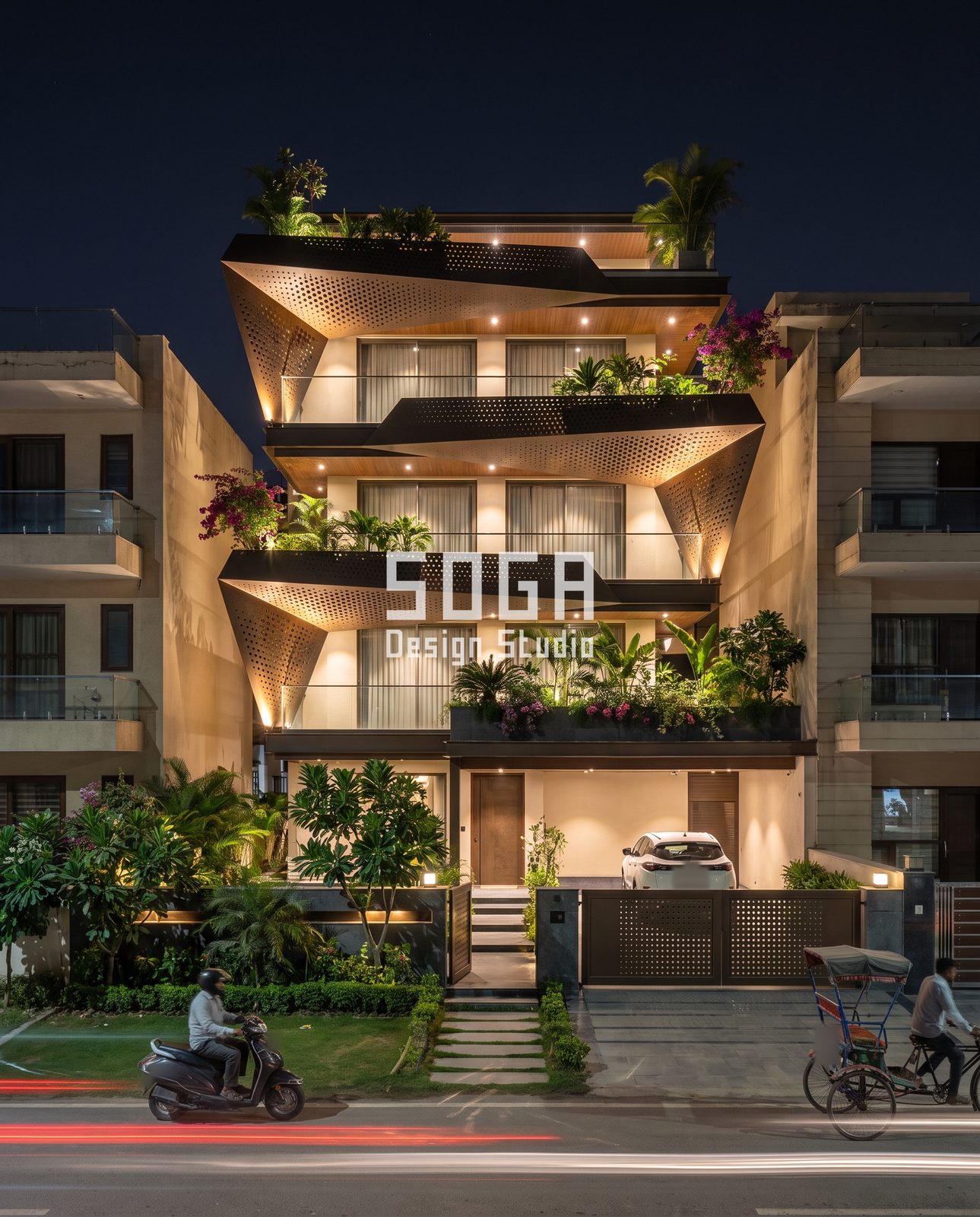 Boxes, Wings, Flutes, Blades and Arches: 5 Compact House Facade Ideas for India 2 Night view of perforated folded balcony wings lit gold on a narrow house facade concept, India
