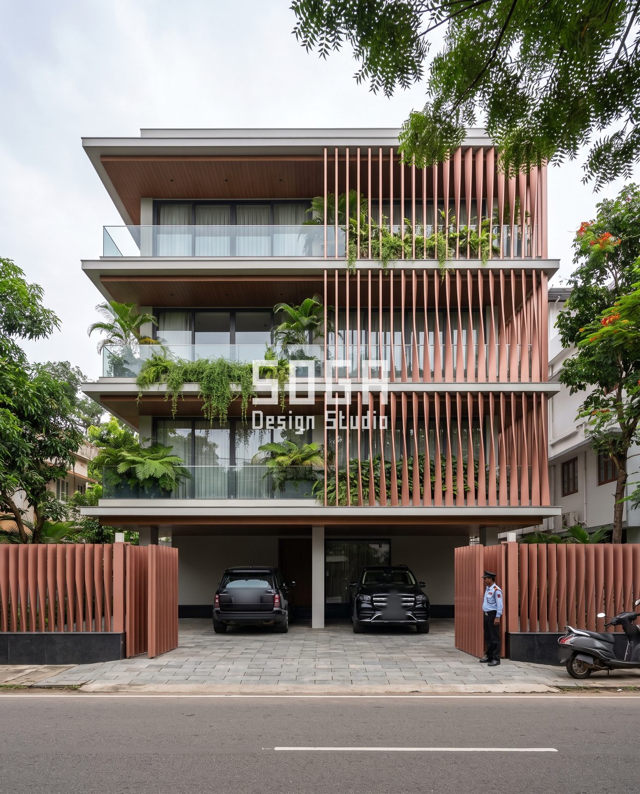 Twisted dusty-rose vertical fins over two-thirds of a G+3 glass-railed house facade with planted balconies in India
