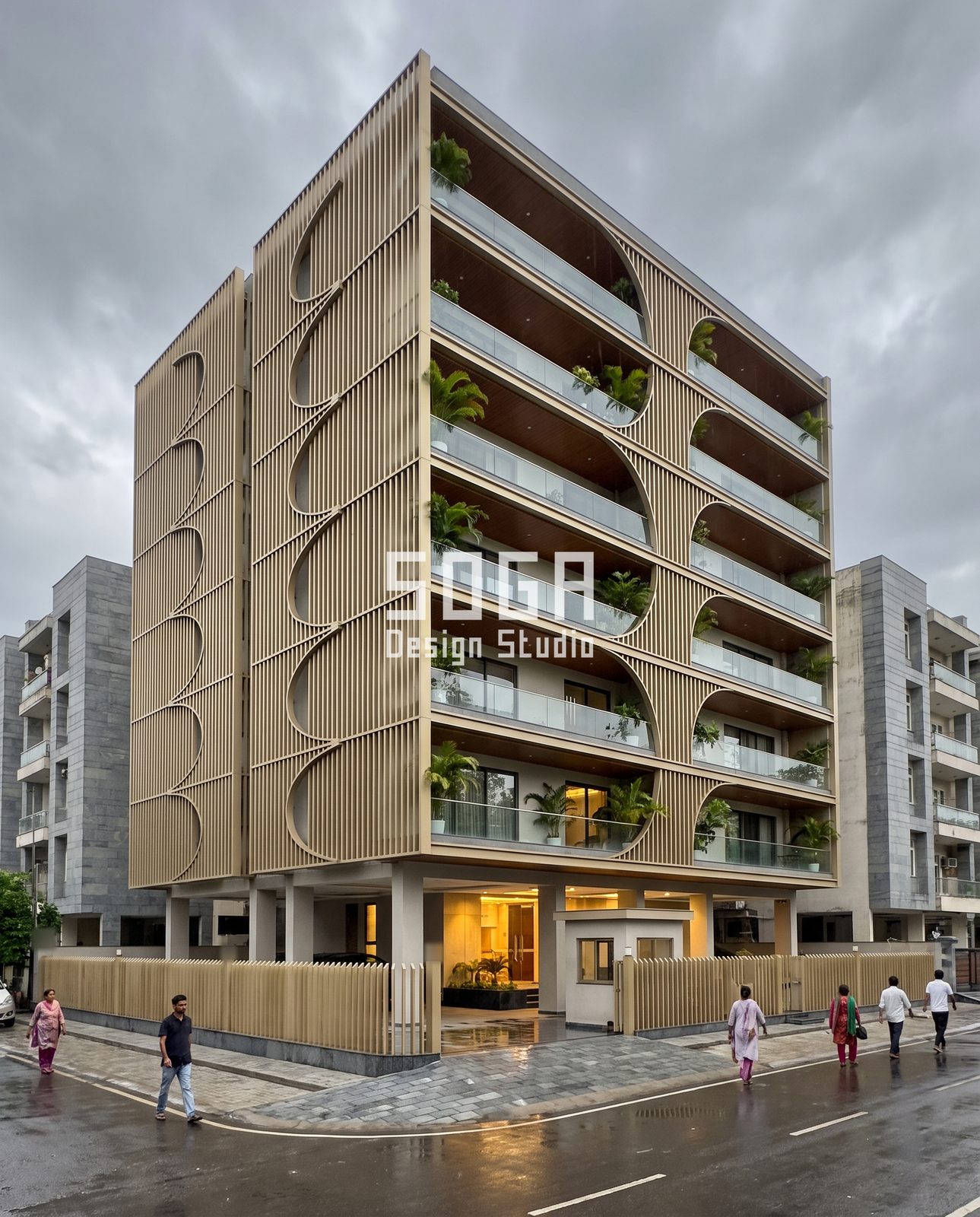 Boxes, Wings, Flutes, Blades and Arches: 5 Compact House Facade Ideas for India 4 Corner apartment block with champagne-tone vertical blades and leaf-shaped openings in rain, India