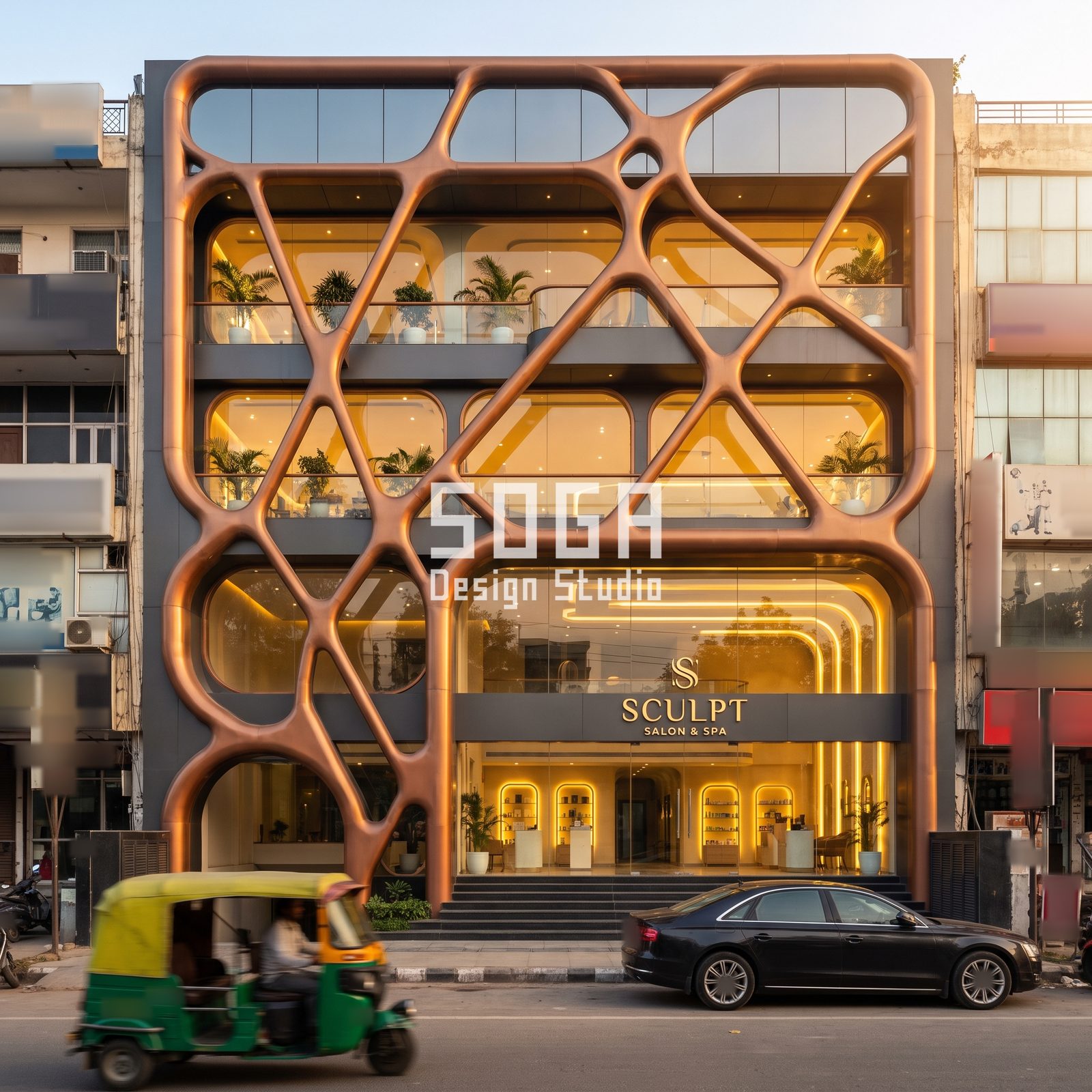 Retail facade India: free-form copper-tone tube lattice wrapped over a five-level salon building with glazed entrance