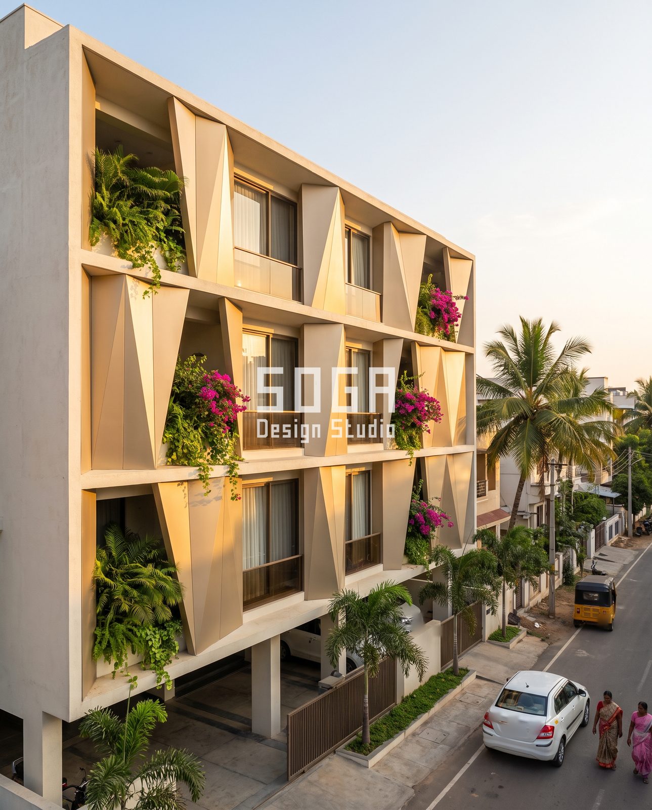 Curtain, Lit Bay, Diamond, Fin and Arch: 5 Elevation Ideas for Indian Homes 4 Elevated corner view in India of a house with tall folded champagne fins on balcony slab edges, angled alternately