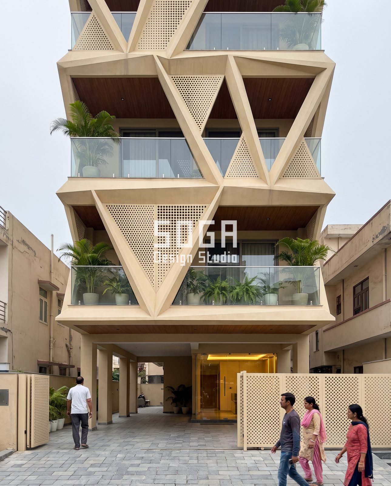 Angular, Triangulated, Finned, Draped and Looped: 5 Balcony Facade Ideas for India 2 Triangle diagrid balcony facade with perforated jali-style panels on a house in India