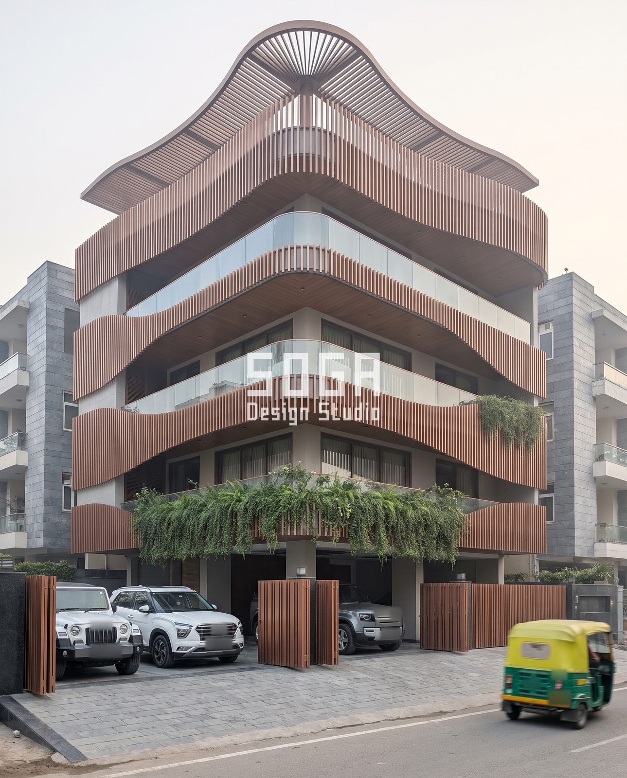 Corner building India with four wave-profile balcony bands of vertical timber-tone slats, stilt parking and curved canopy