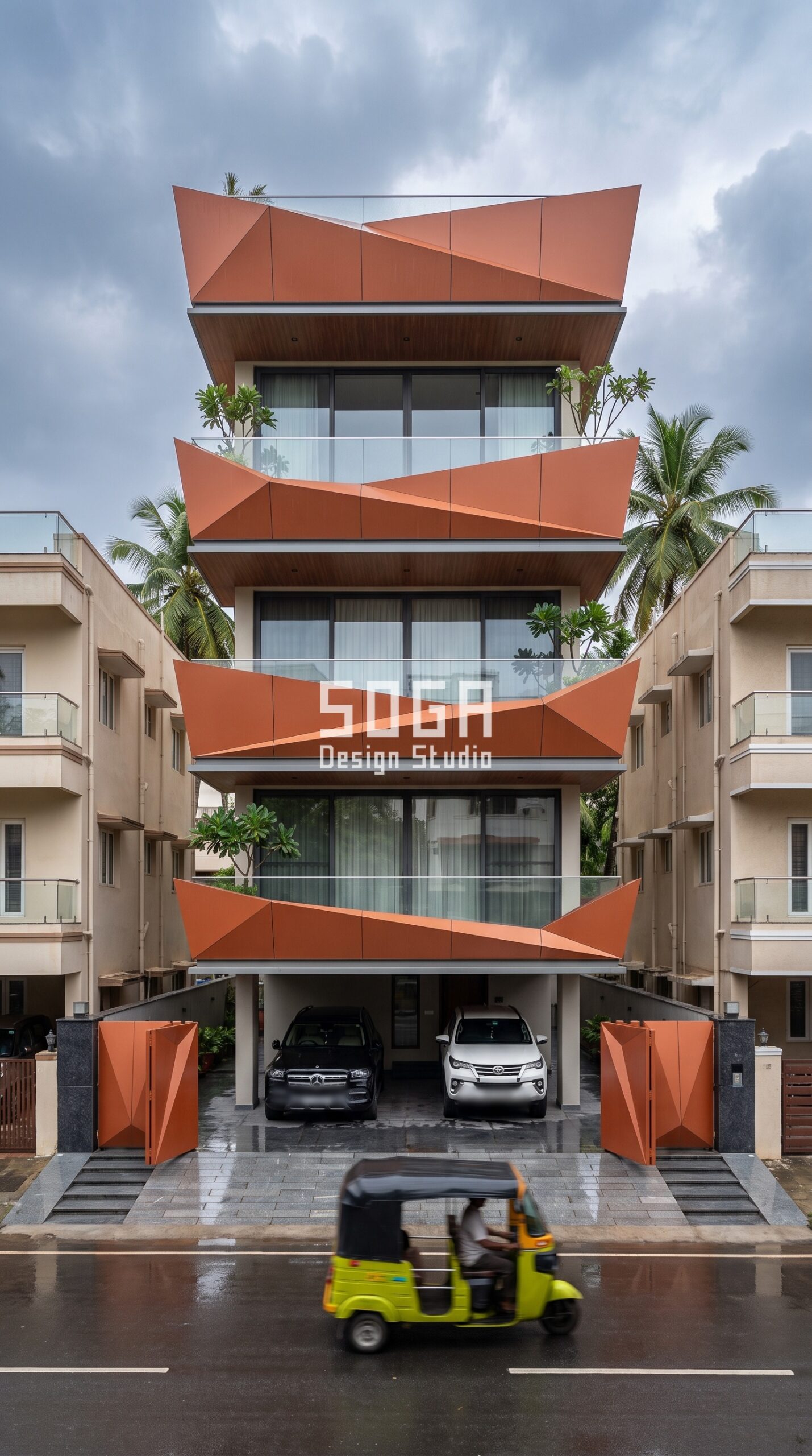 Attached House vs Standalone Villa Elevation Design India 4 Rotated Faceted Trays / Faceted burnt orange facade, Chennai - SOGA Design Studio