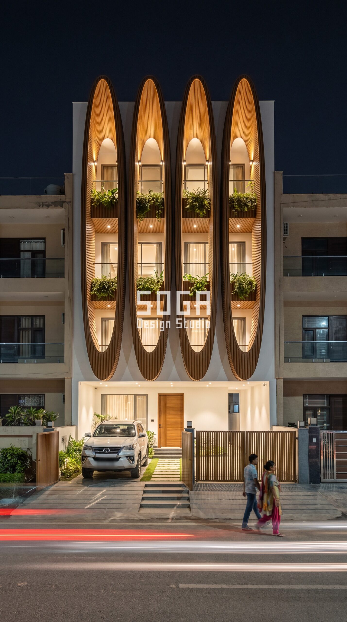 Arches, Vaults & Loops / Ribbed Teak Wood-finish Alu facade Noida - SOGA Design Studio
