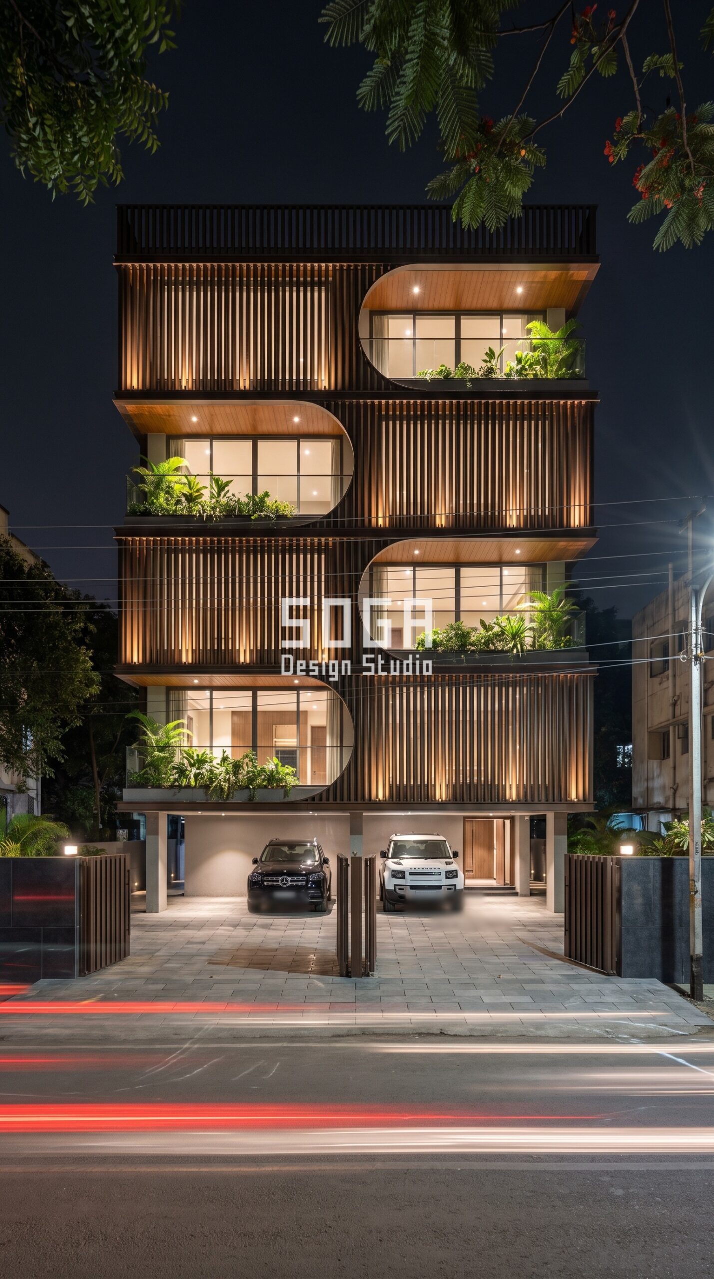 Attached House vs Standalone Villa Elevation Design India 3 Carved Louver Field / Fins bronze facade, Pune - SOGA Design Studio