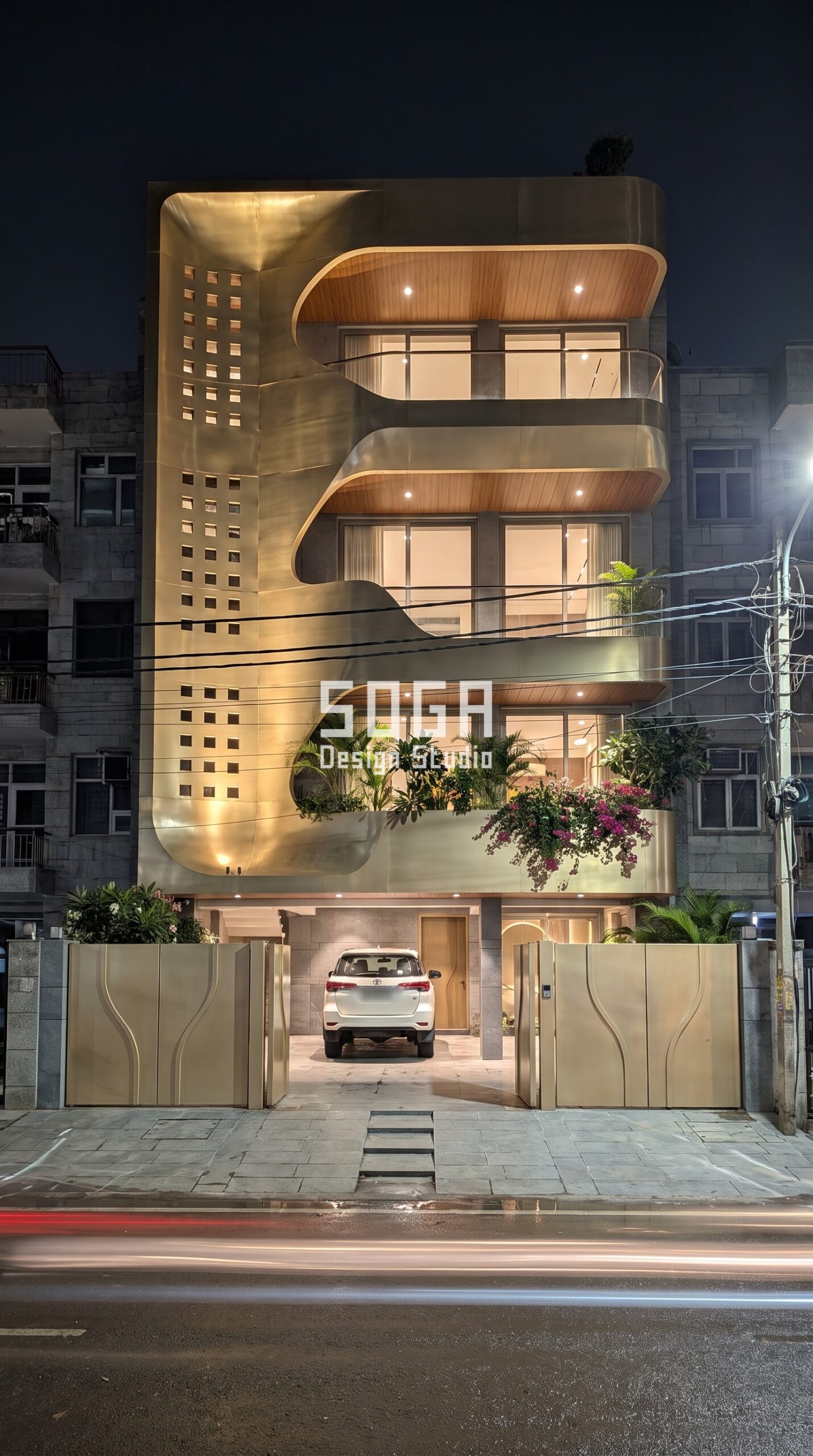 Attached House vs Standalone Villa Elevation Design India 2 Carved Monolith / Organic Frame / Smooth champagne facade, South Delhi - SOGA Design Studio