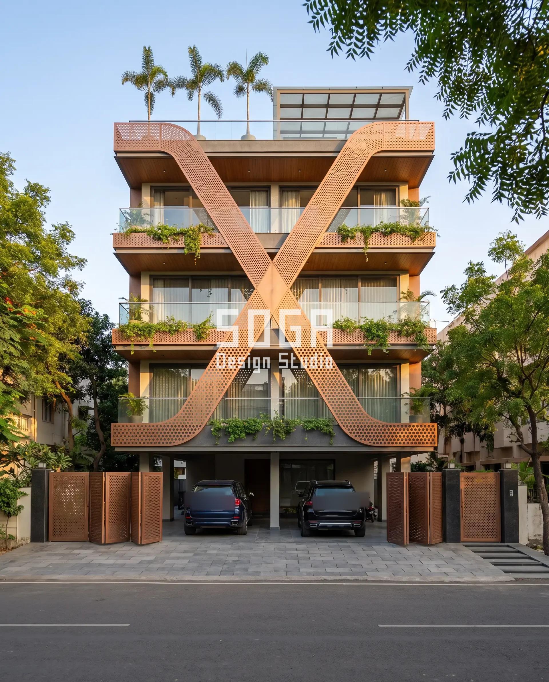Will Your Built Facade Match the Render? India Guide 2026 1 Sweeping S-Ribbon / Perforated copper bronze facade, Indore - SOGA Design Studio