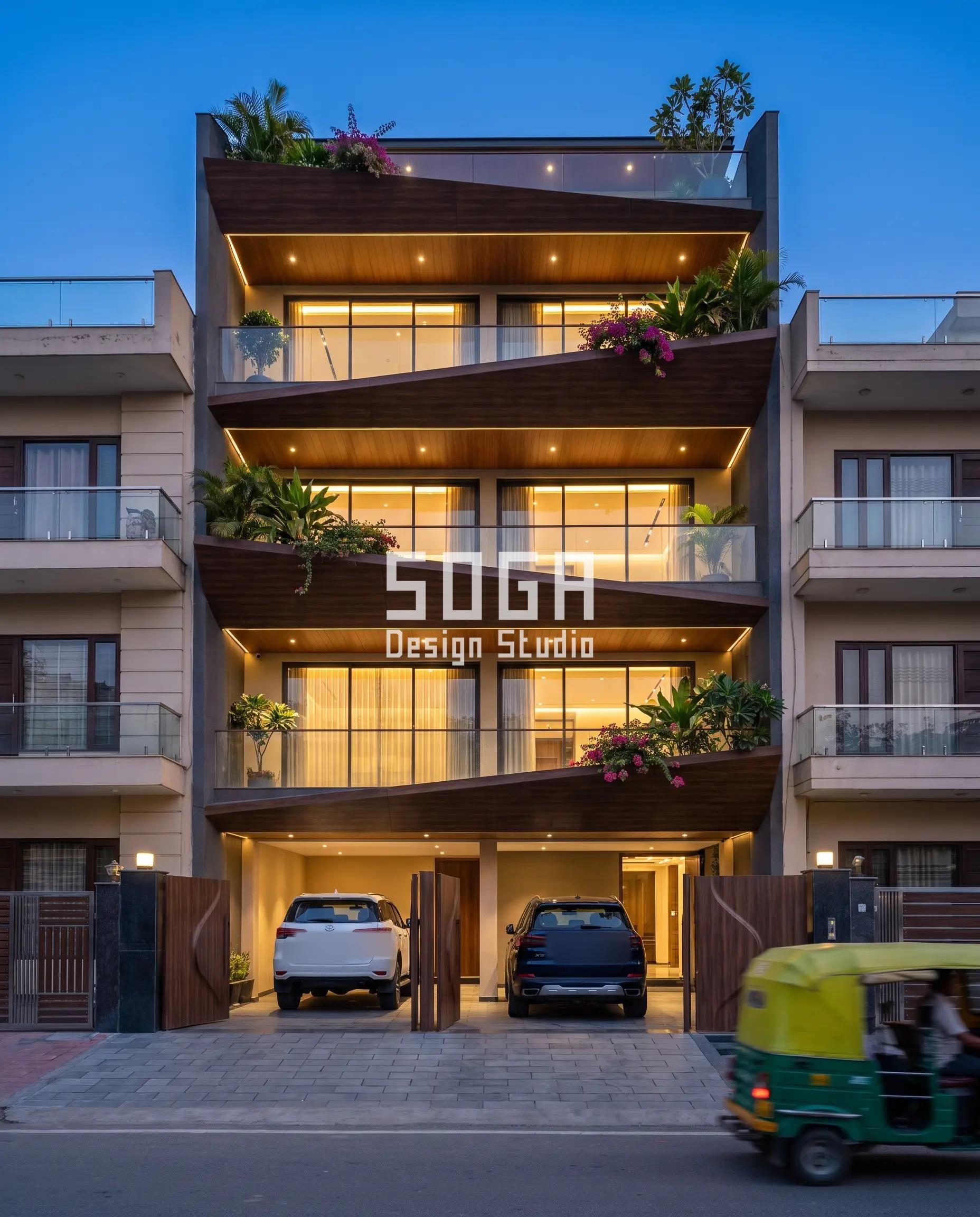 Will Your Built Facade Match the Render? India Guide 2026 3 Rotated Faceted Trays / Smooth walnut wood-finish alu facade, Ludhiana - SOGA Design Studio