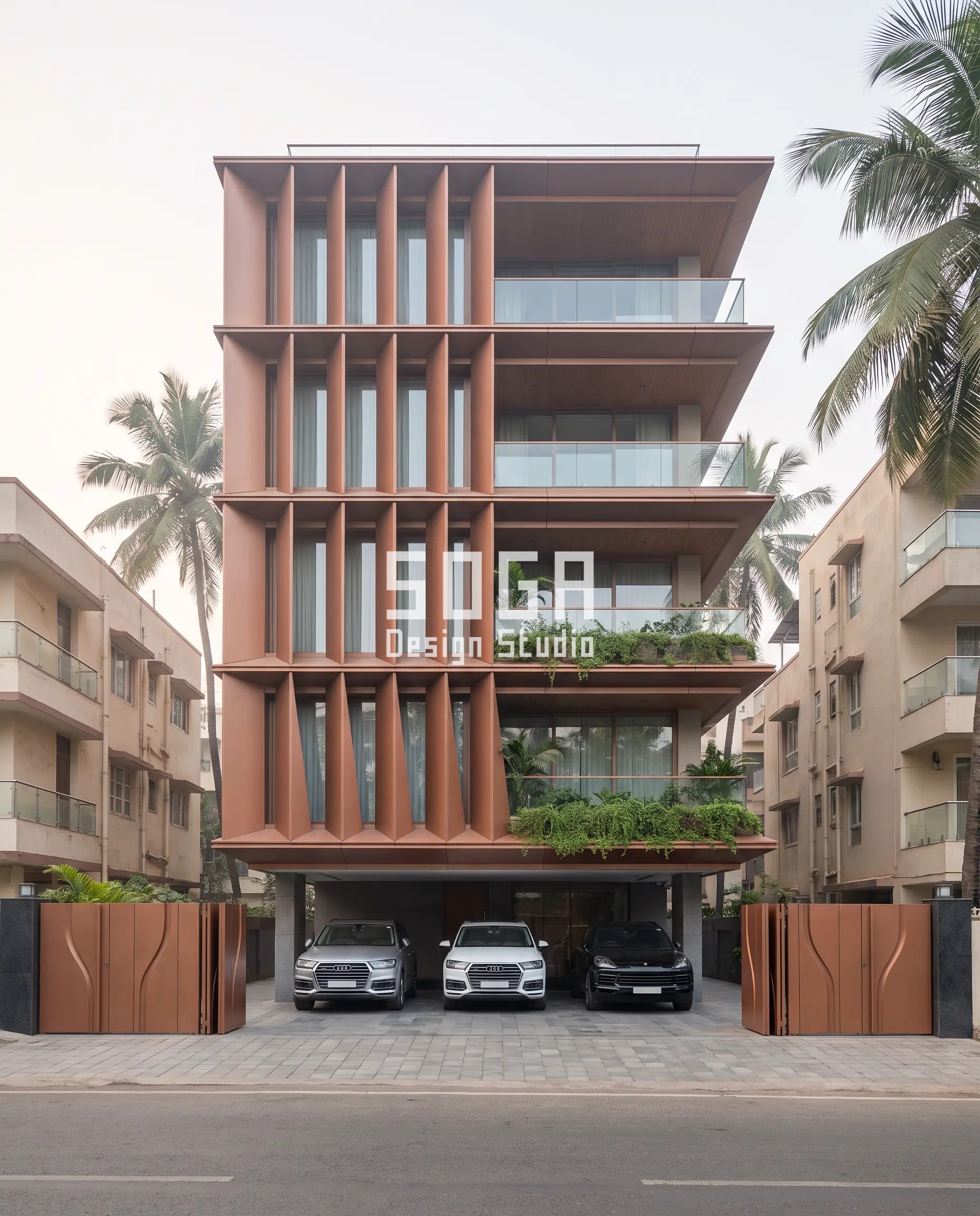 Will Your Built Facade Match the Render? India Guide 2026 2 Origami Frames & Exoskeleton / Smooth copper bronze facade, Mumbai (Bandra) - SOGA Design Studio