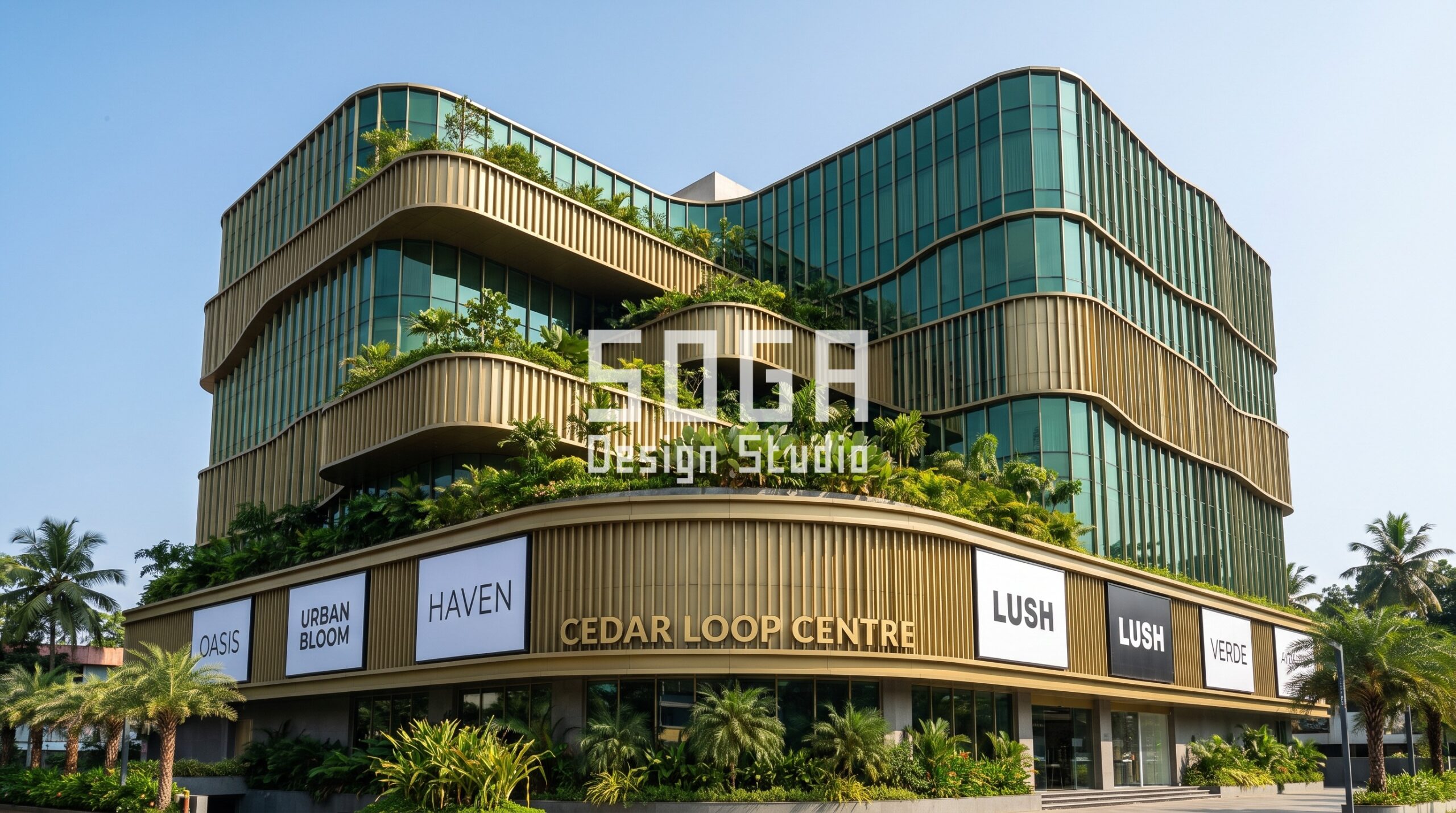 Parametric glass and metal Indian mall facades: 8 concepts 4 Cedar Loop Centre Kochi: stacked green terraces with ribbed aluminium fins and planters
