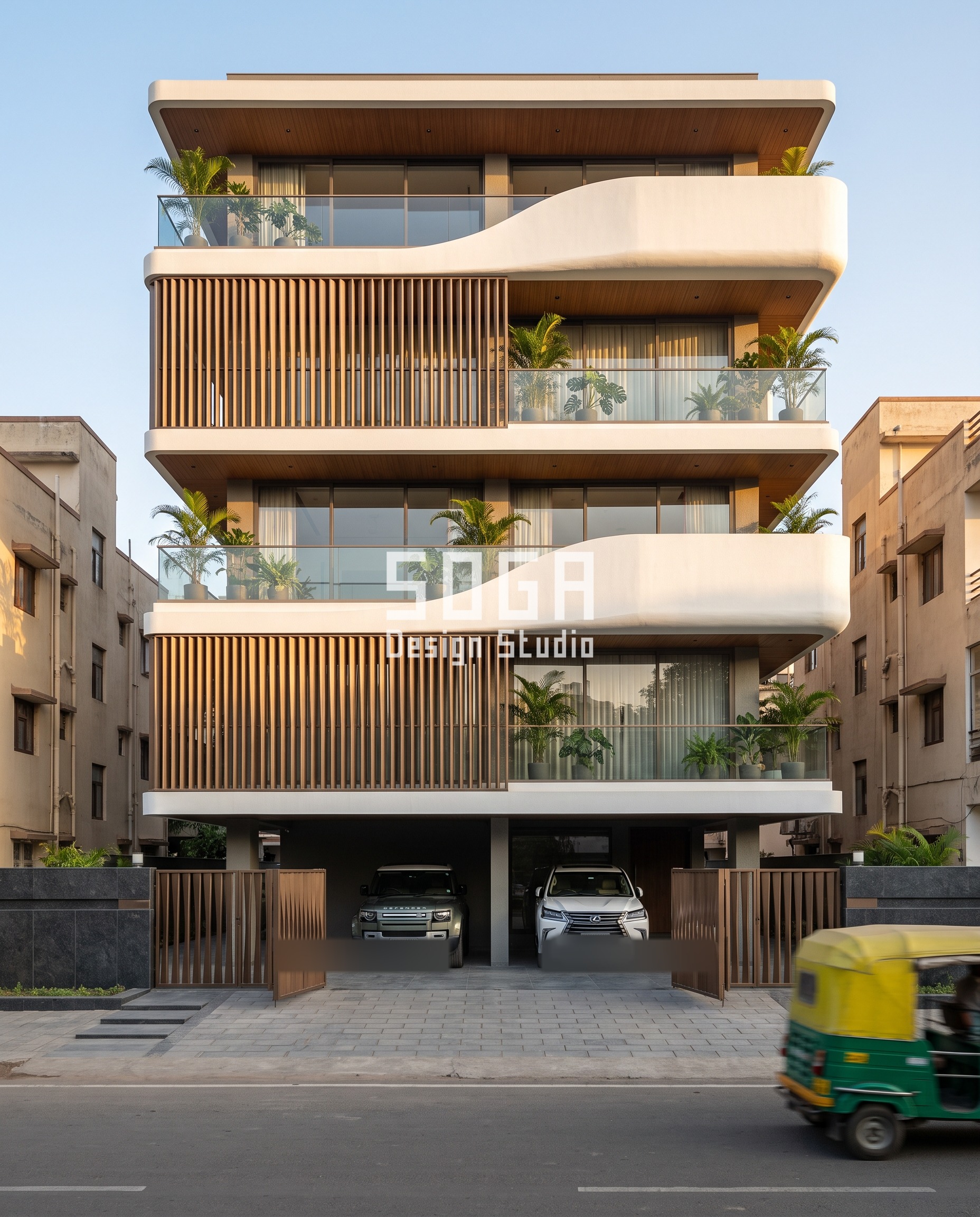 Alternating ferrocement and metal band facade, G+4 builder-floor residence, Ahmedabad - SOGA Design Studio