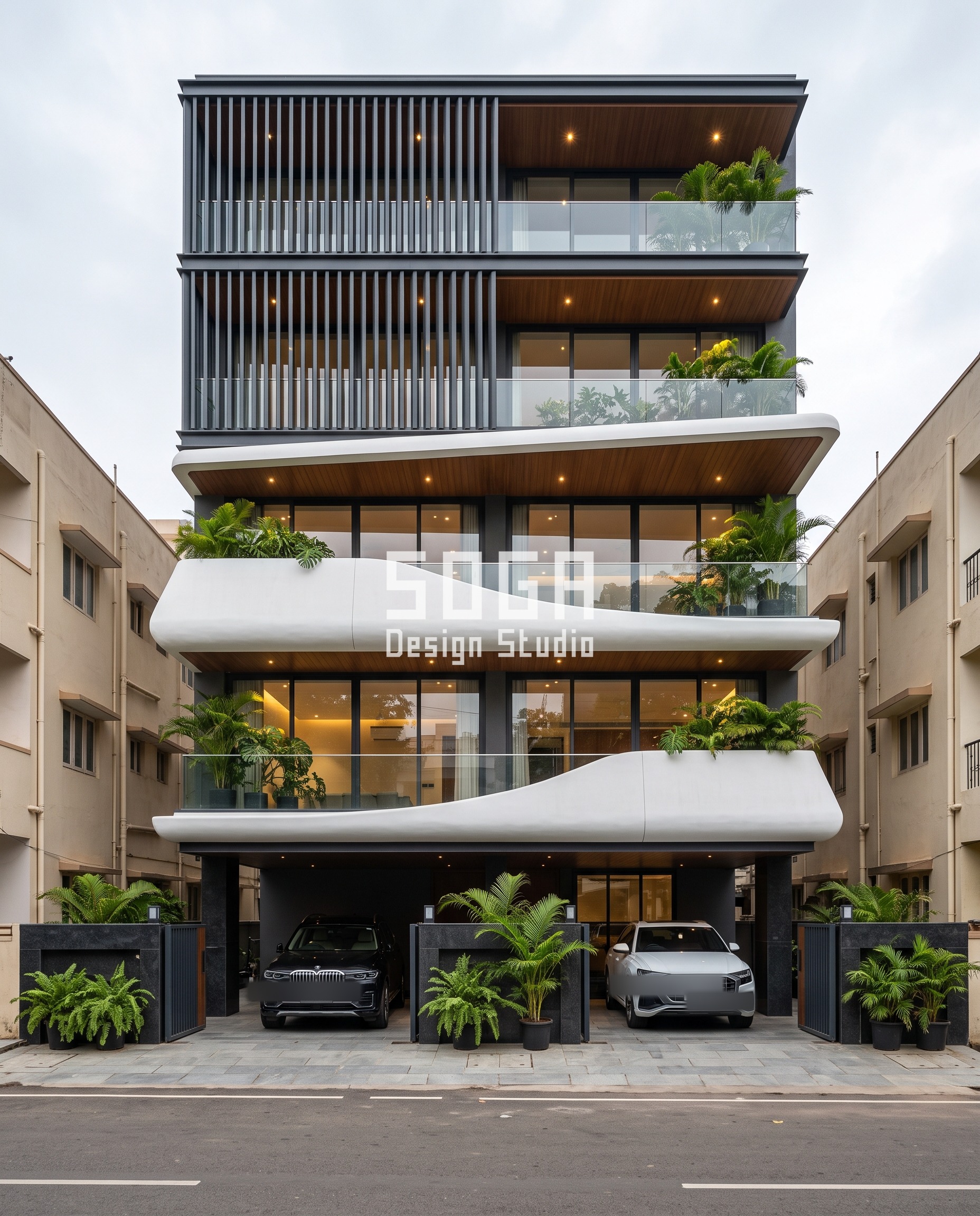 Reversed ferrocement and metal hybrid facade, G+4 builder-floor residence, Bengaluru - SOGA Design Studio