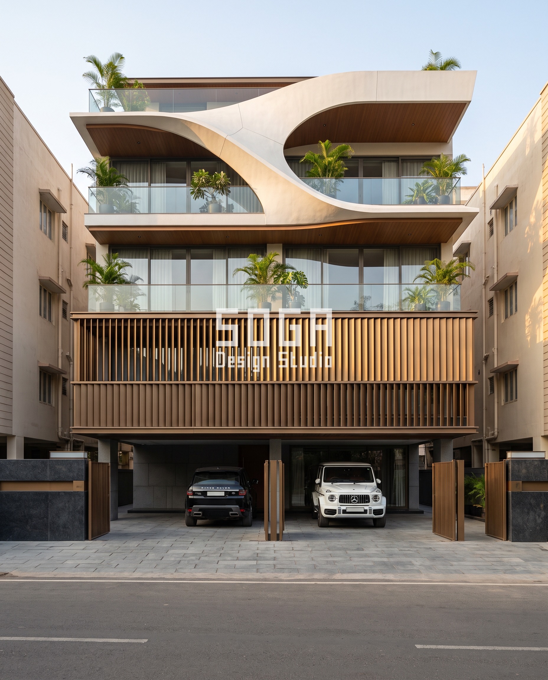 Ferrocement & Metal Hybrid Facade Design India 2026 3 Ferrocement and parametric metal hybrid facade, Hyderabad — ferrocement shell below, metal screen above — SOGA Design Studio