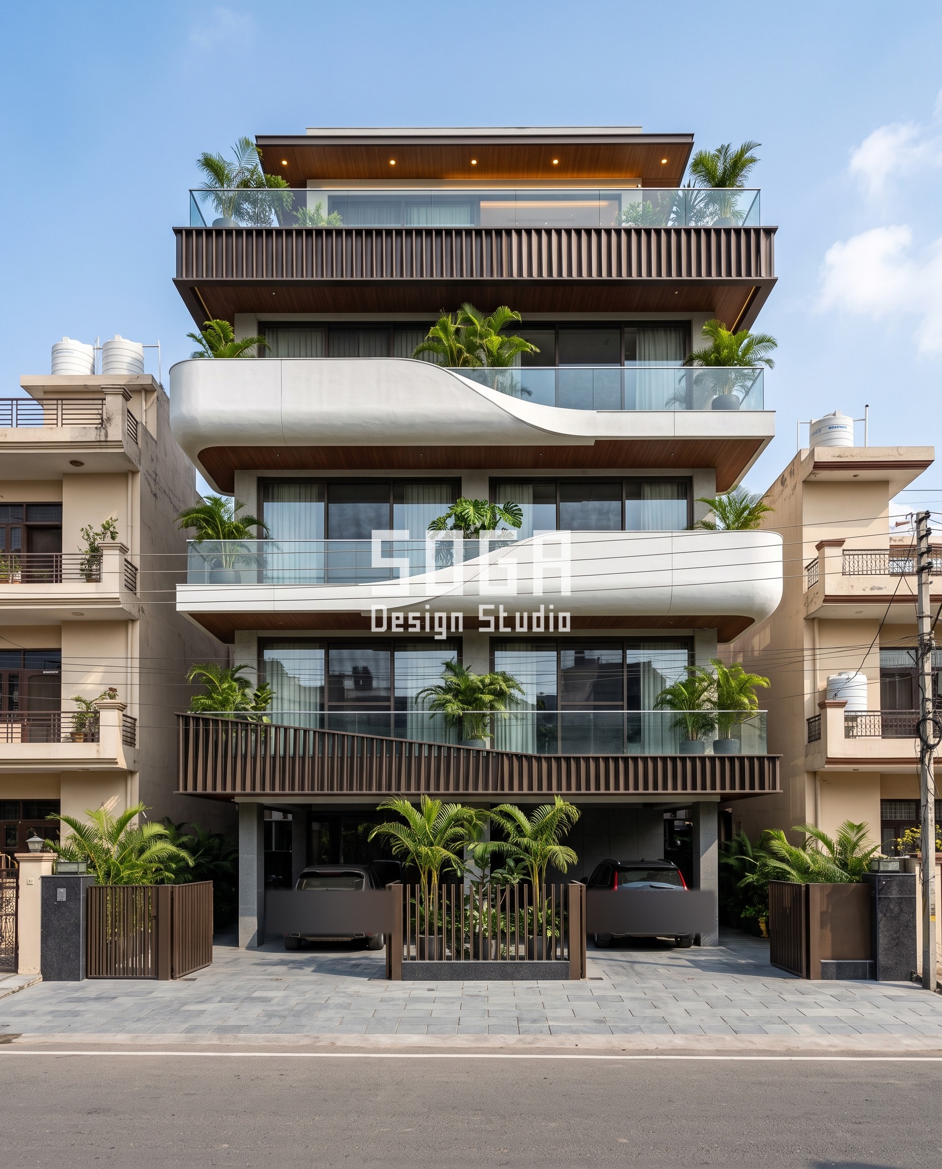 Ferrocement shell sandwiched between metal screen bands, G+4 builder-floor residence, Lucknow - SOGA Design Studio