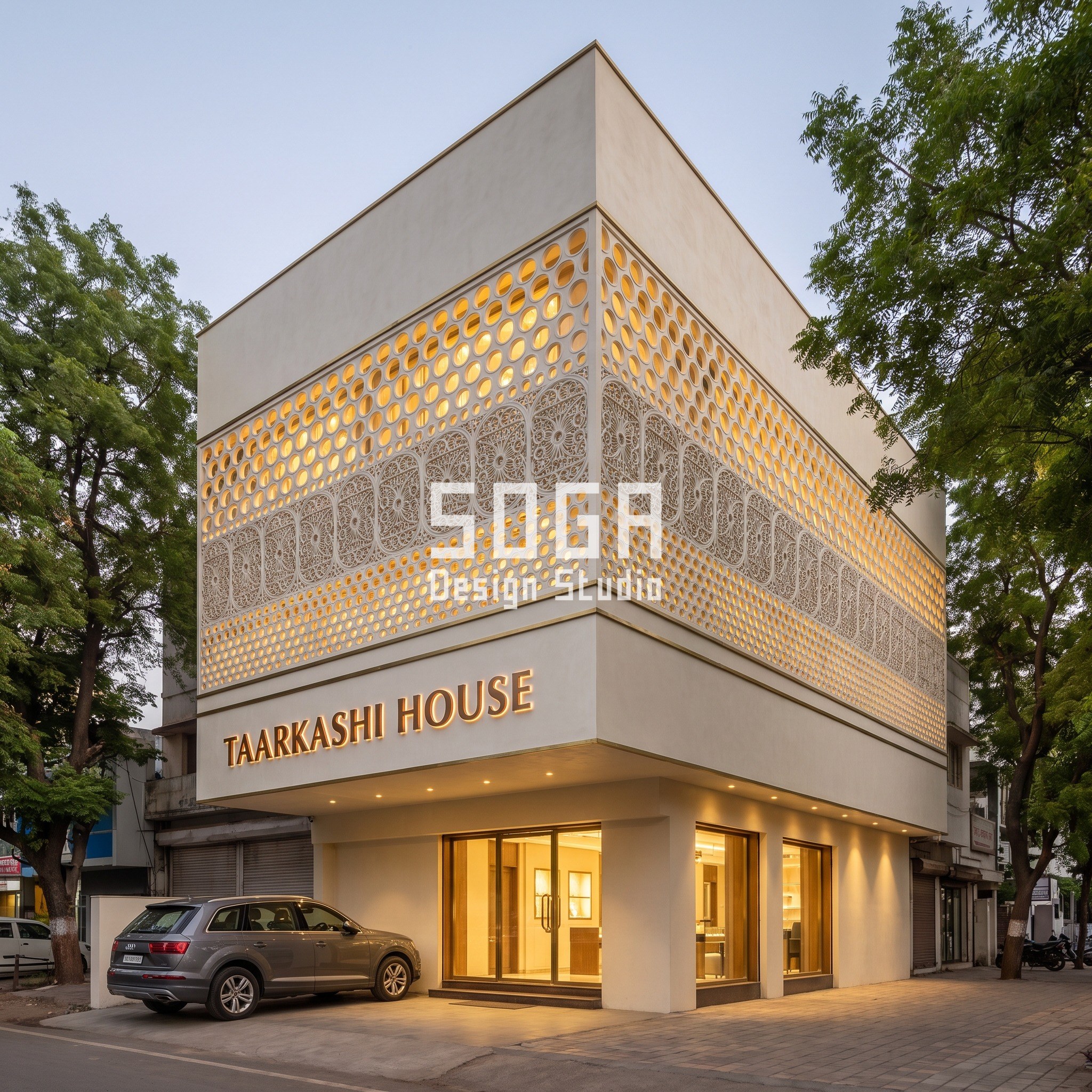 Taarkashi House jewellery showroom facade in Nagpur with deep FRP filigree relief screen