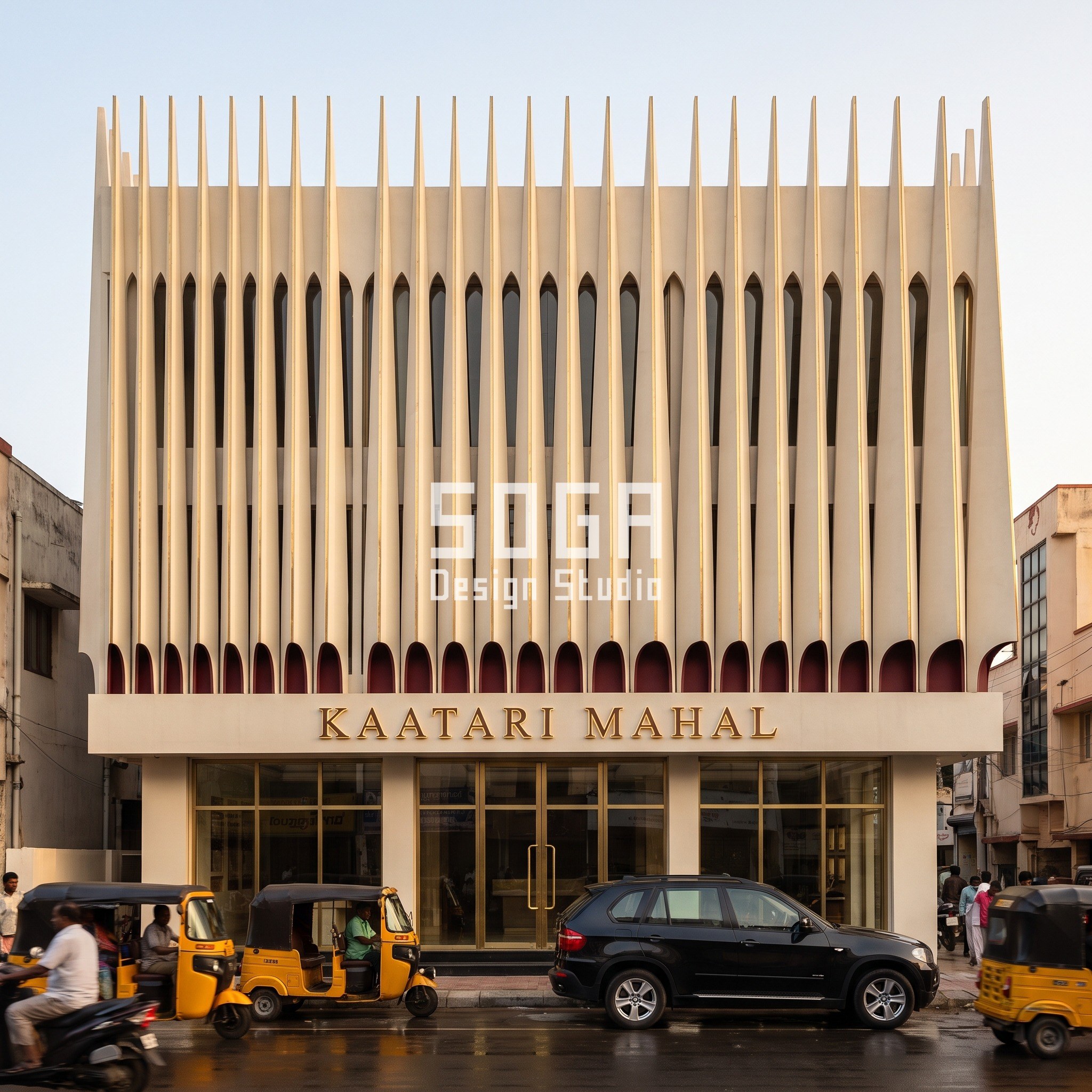 Kaatari Mahal jewellery showroom facade in Coimbatore with petal-blade lancet screen