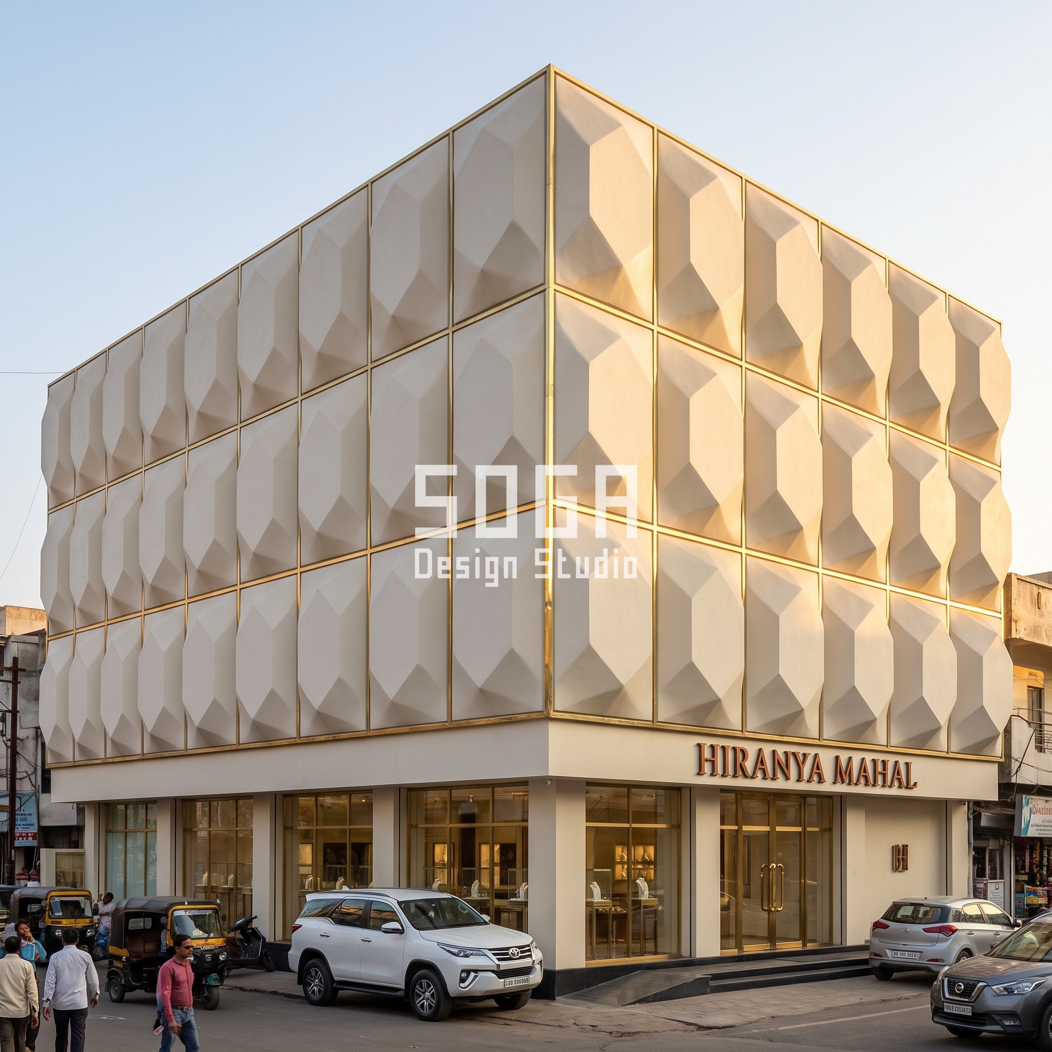 Hiranya Mahal jewellery showroom facade in Indore with FRP polki-facet bay grid and lime plaster finish