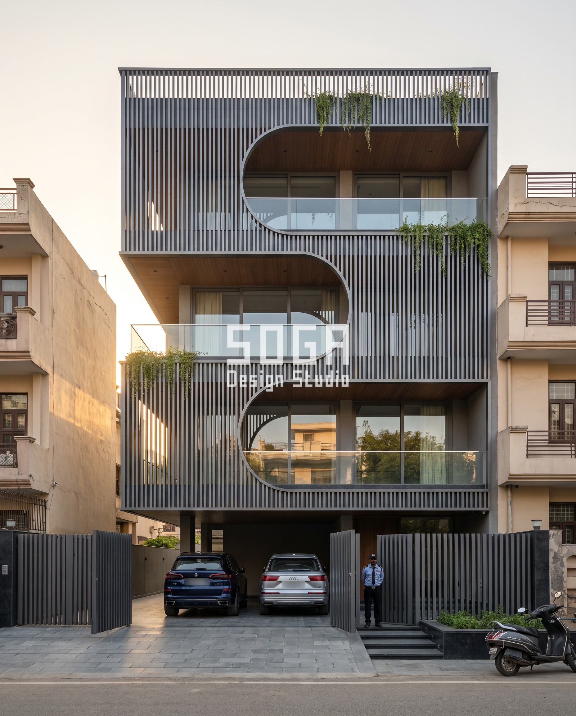 G+3 House Elevation Design: Ghar Ka Facade Ideas for 2026 1 G+4 house elevation design South Delhi with crescent cut vertical louvers in graphite-grey finish