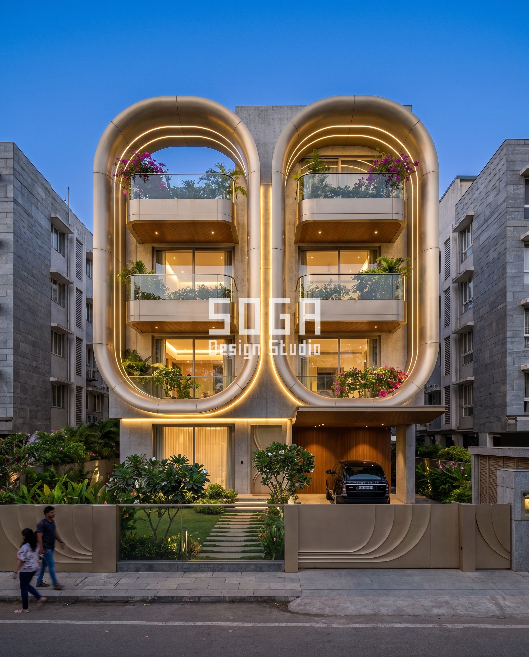 G+3 House Elevation Design: Ghar Ka Facade Ideas for 2026 2 G+2 luxury villa elevation design Mumbai Bandra with champagne-gold rounded loops and LED edge lighting