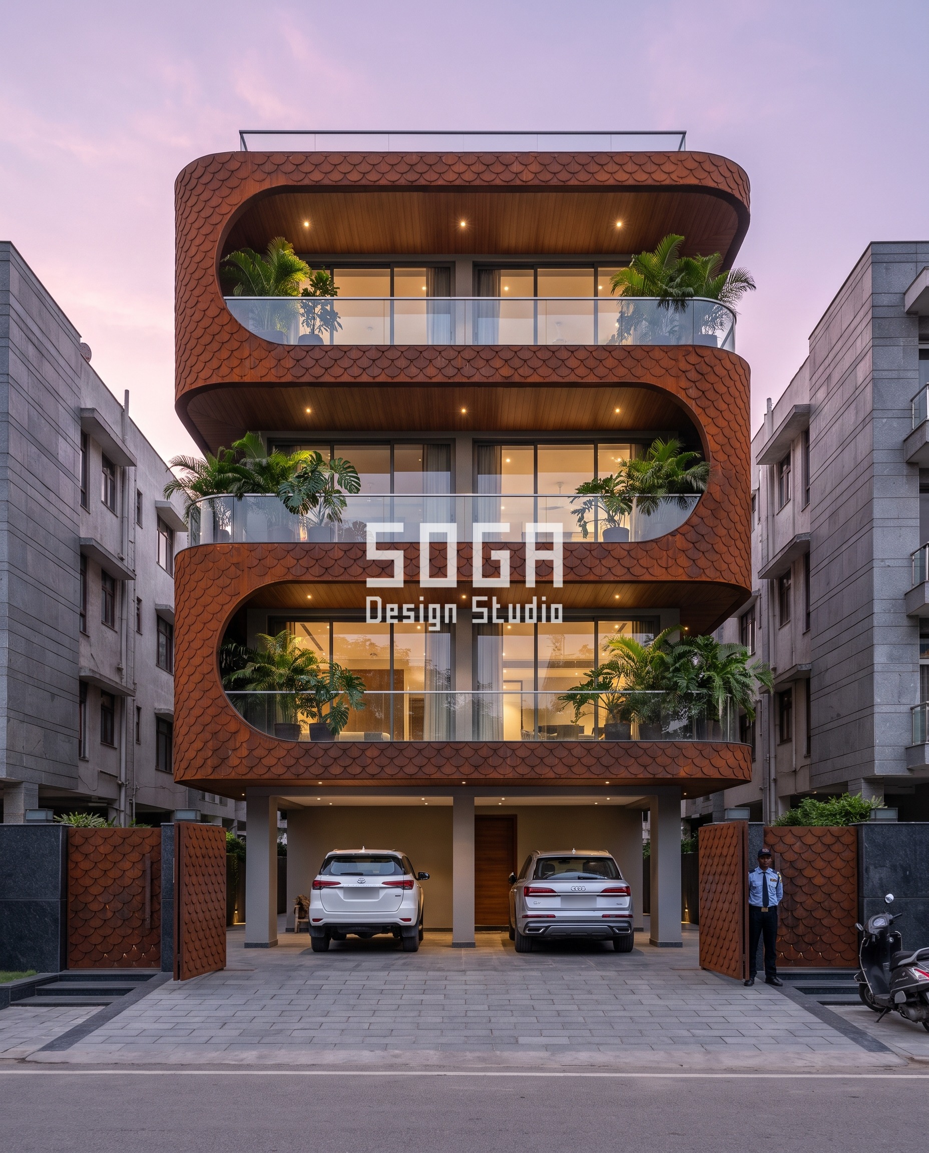 G+3 House Elevation Design: Ghar Ka Facade Ideas for 2026 3 G+3 house elevation design Lucknow with weathered corten-look scale shingle bands and laser-cut scale gate