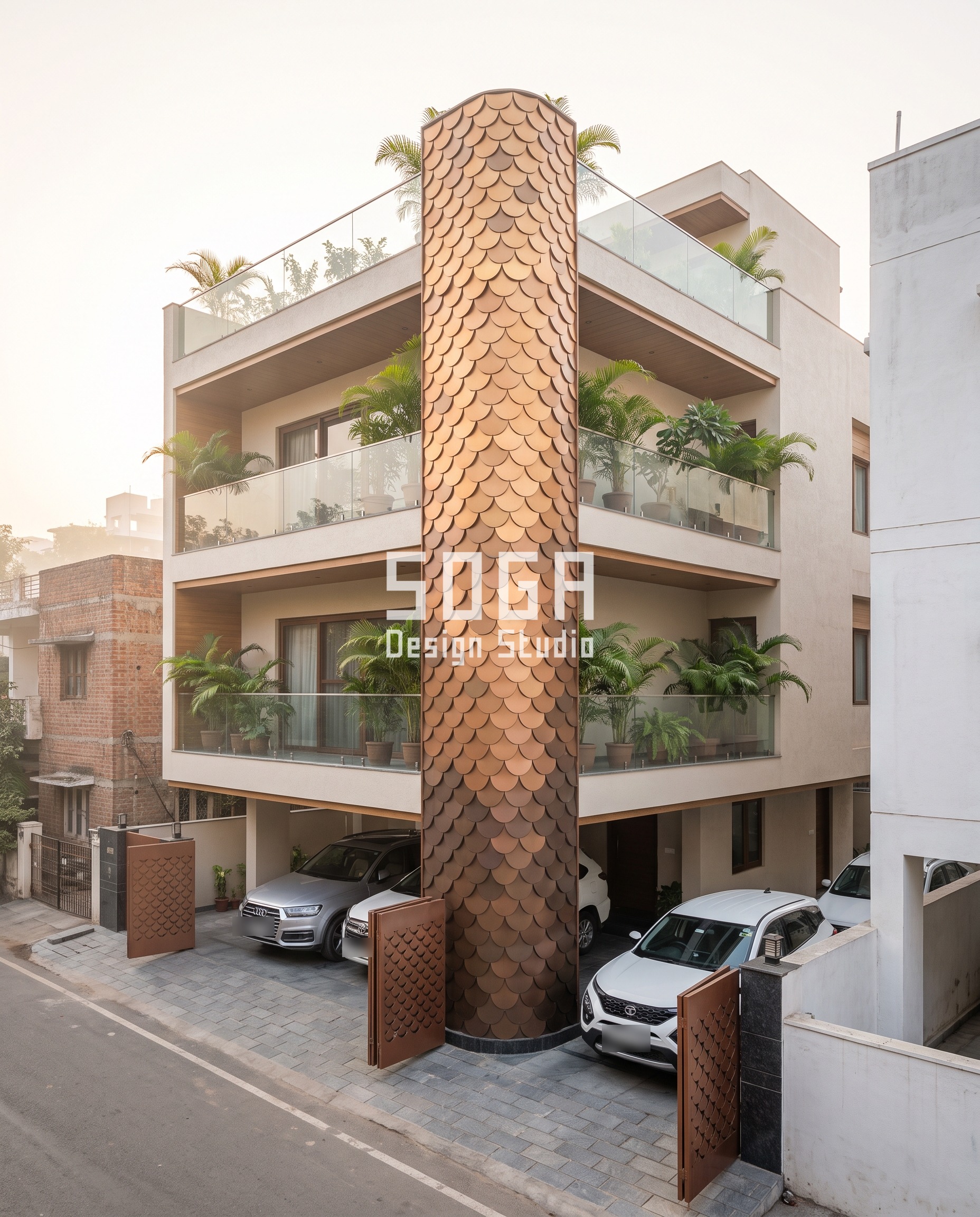 G+3 House Elevation Design: Ghar Ka Facade Ideas for 2026 4 G+3 corner plot house elevation design Hyderabad with copper-bronze scale column gradient