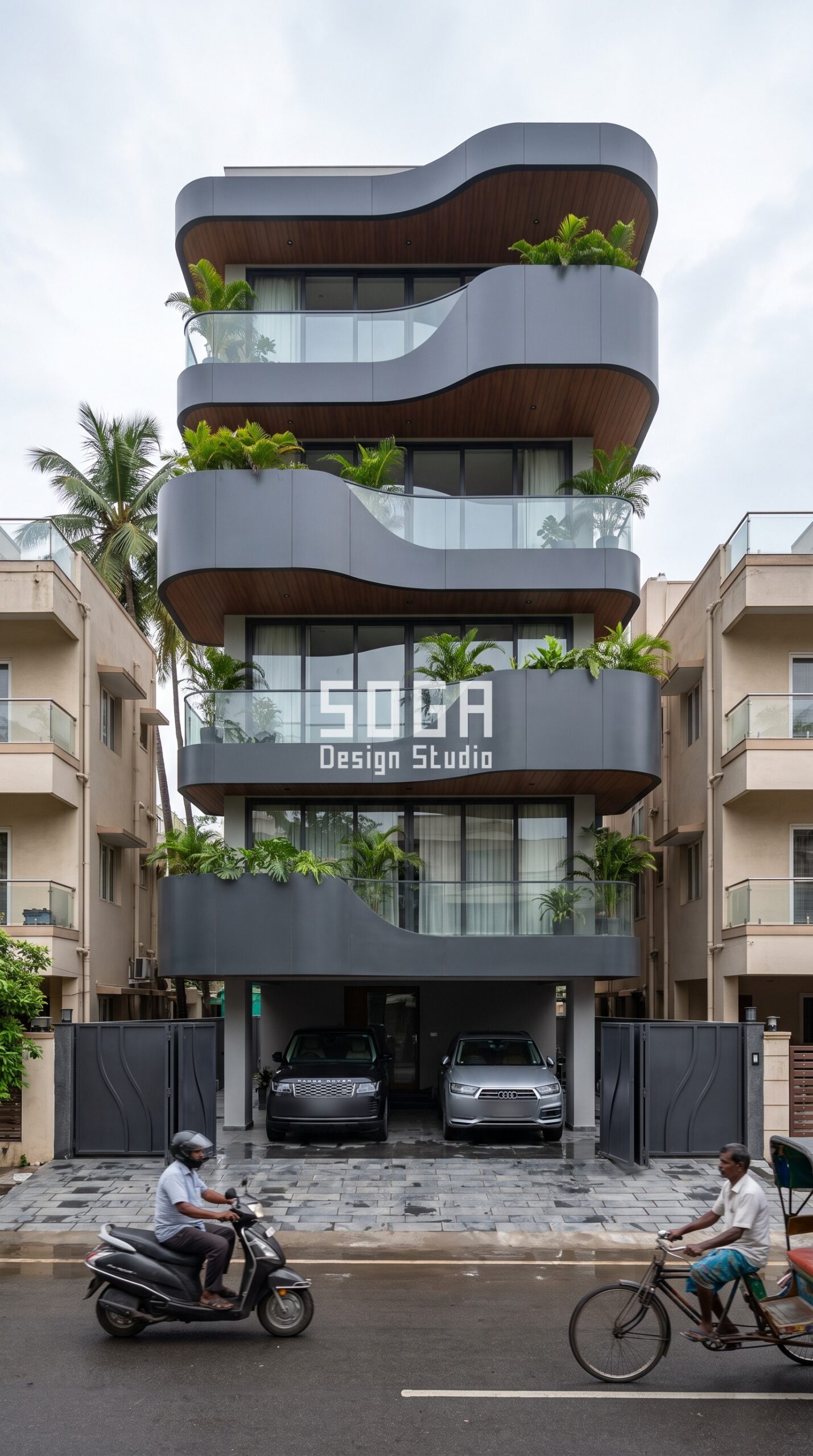 Undulating Slab Ribbons / Smooth Charcoal facade Chennai - SOGA Design Studio