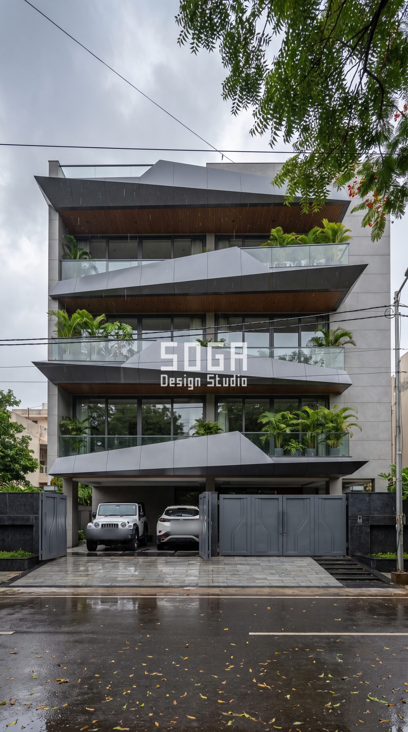 Elevation Design to Stand Out From Neighbours (2026) 3 Rotated Faceted Trays / Smooth graphite facade, Gurugram - SOGA Design Studio