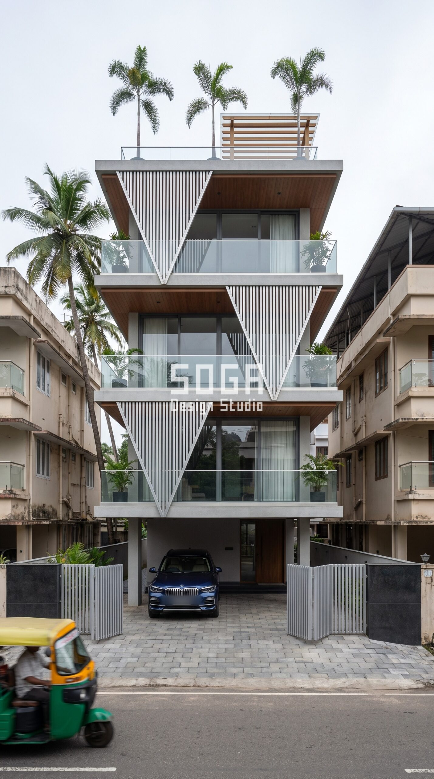 Elevation Design to Stand Out From Neighbours (2026) 2 Fabric Drape / Curtain / Fins silver facade, Kochi - SOGA Design Studio